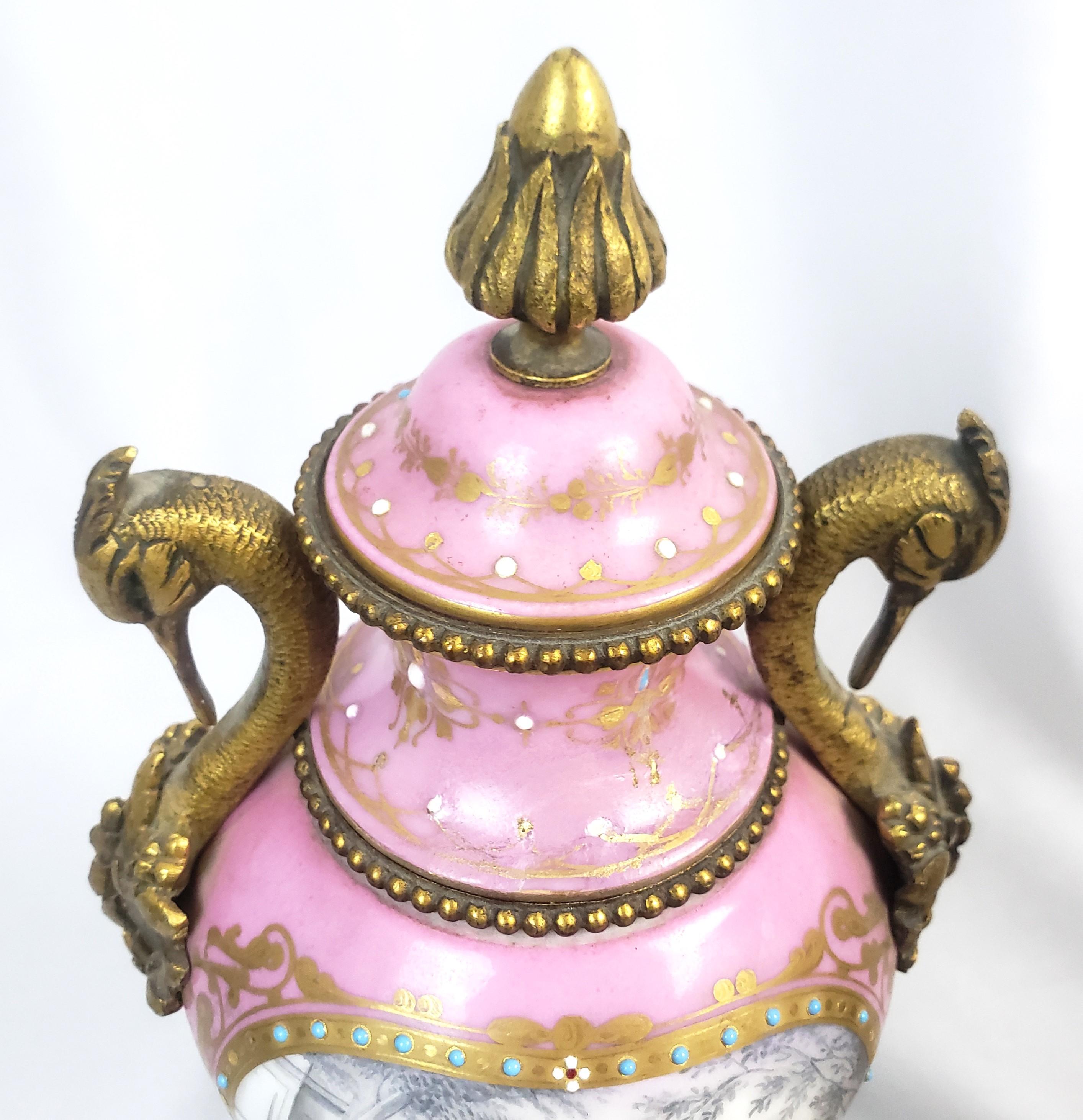 Pair of Antique Sevres Styled Porcelain & Ornate Gilt Bronze Garnitures For Sale 8