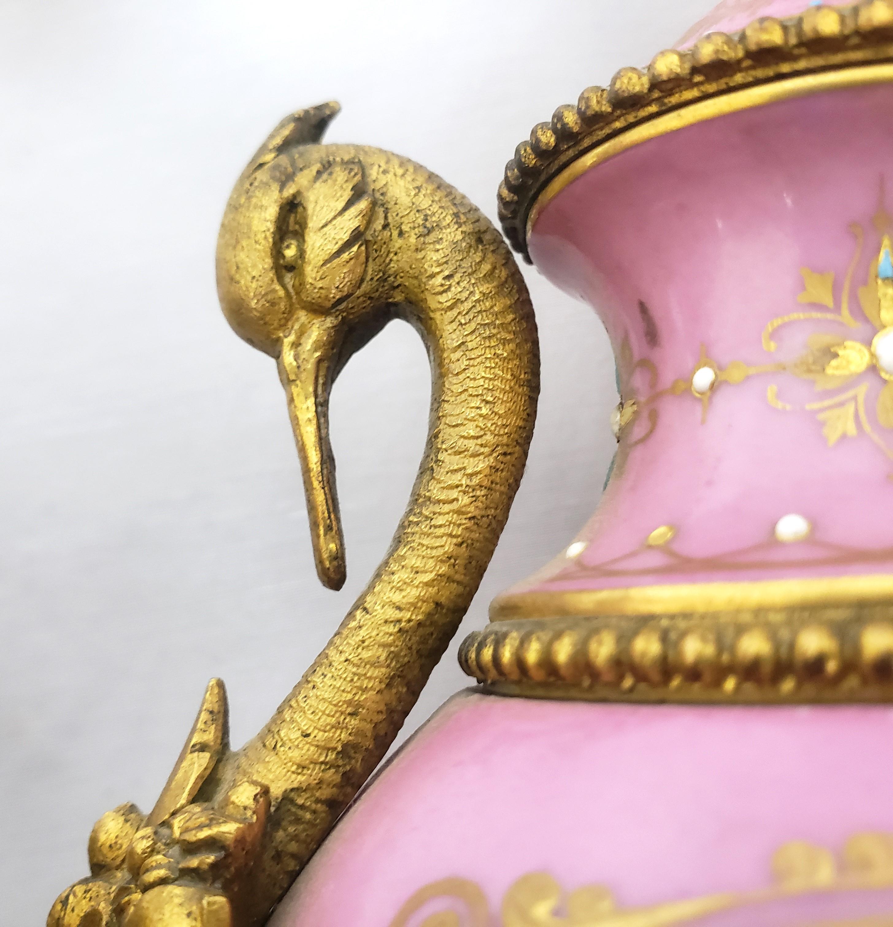 Pair of Antique Sevres Styled Porcelain & Ornate Gilt Bronze Garnitures For Sale 9