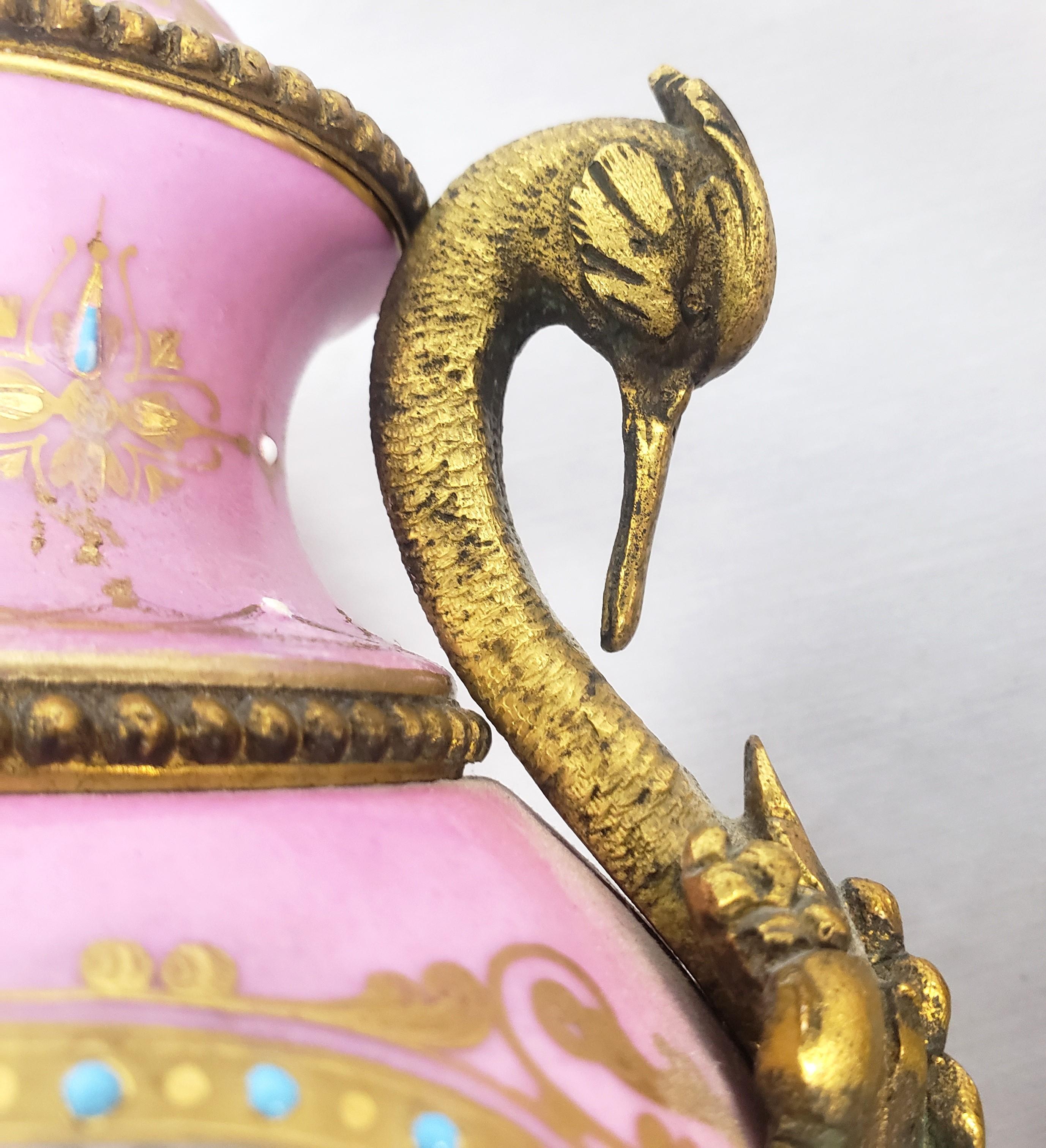 Pair of Antique Sevres Styled Porcelain & Ornate Gilt Bronze Garnitures For Sale 10