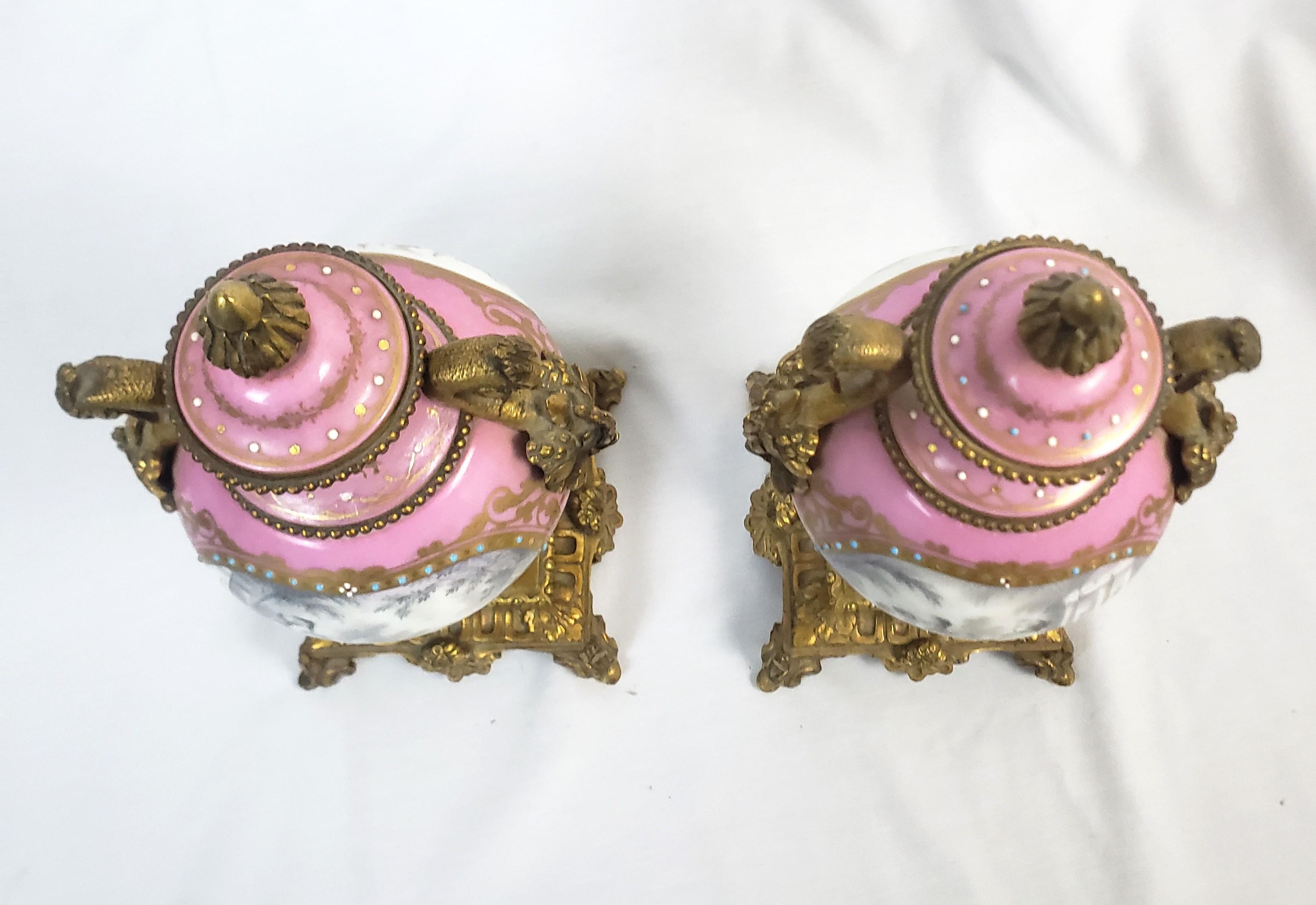 Pair of Antique Sevres Styled Porcelain & Ornate Gilt Bronze Garnitures For Sale 11