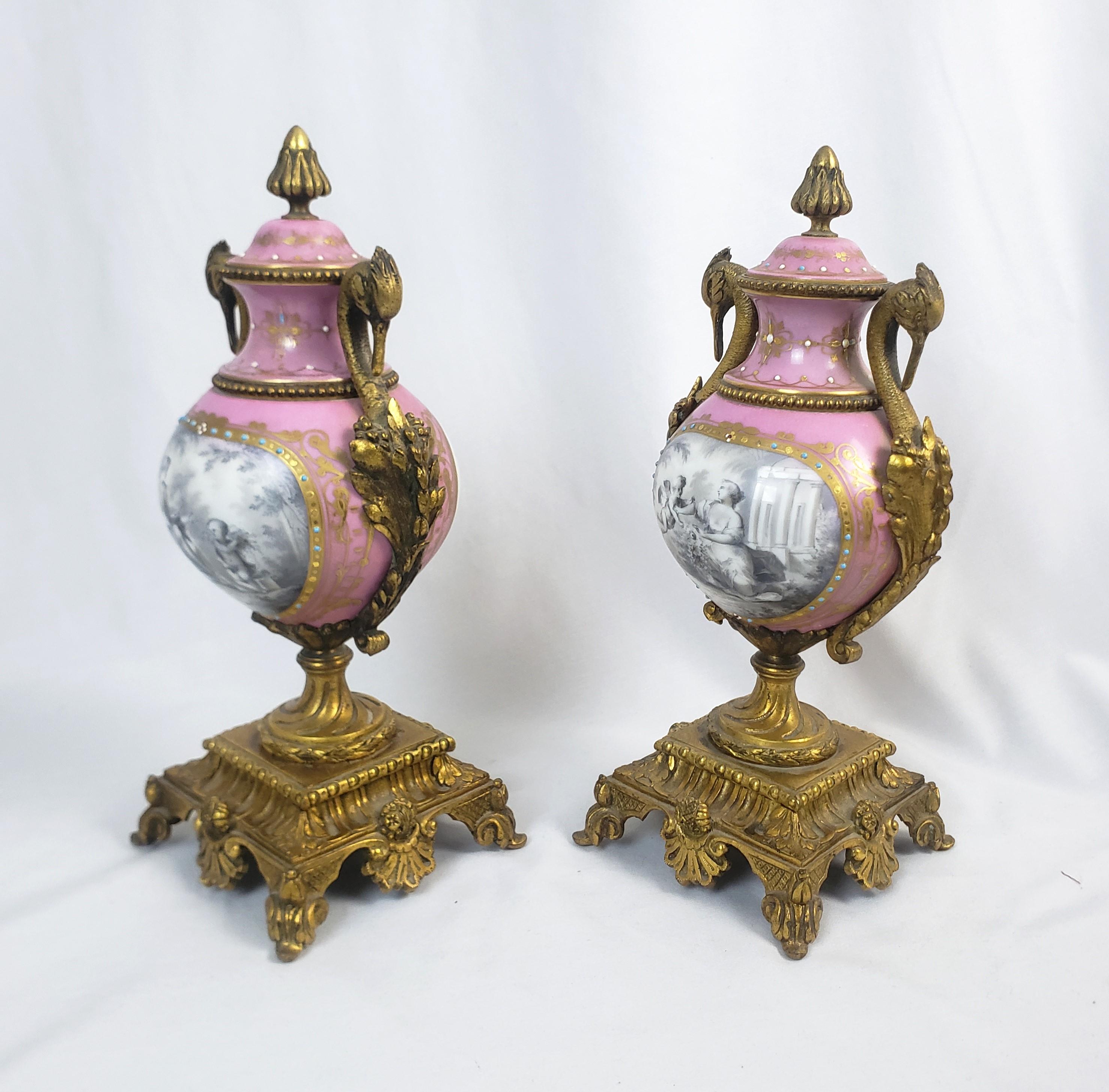 French Pair of Antique Sevres Styled Porcelain & Ornate Gilt Bronze Garnitures For Sale