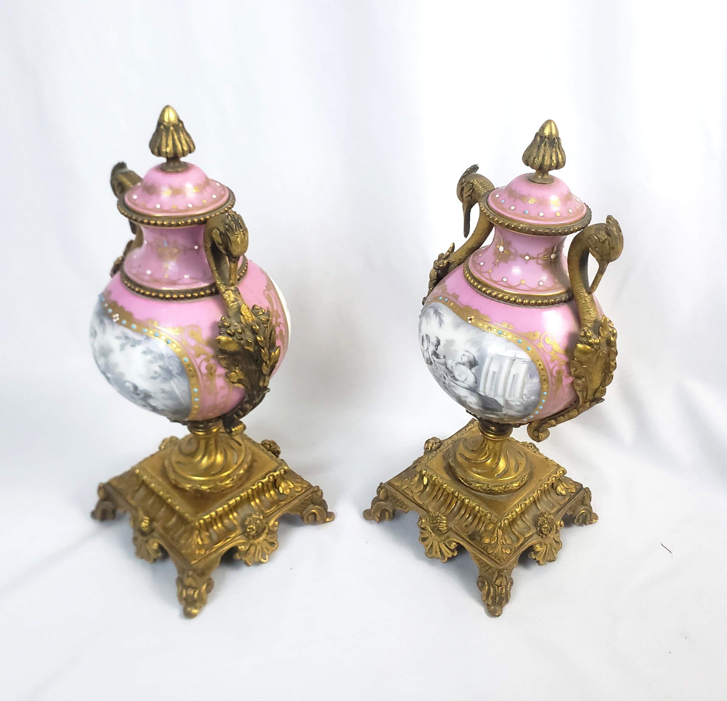 Enameled Pair of Antique Sevres Styled Porcelain & Ornate Gilt Bronze Garnitures For Sale