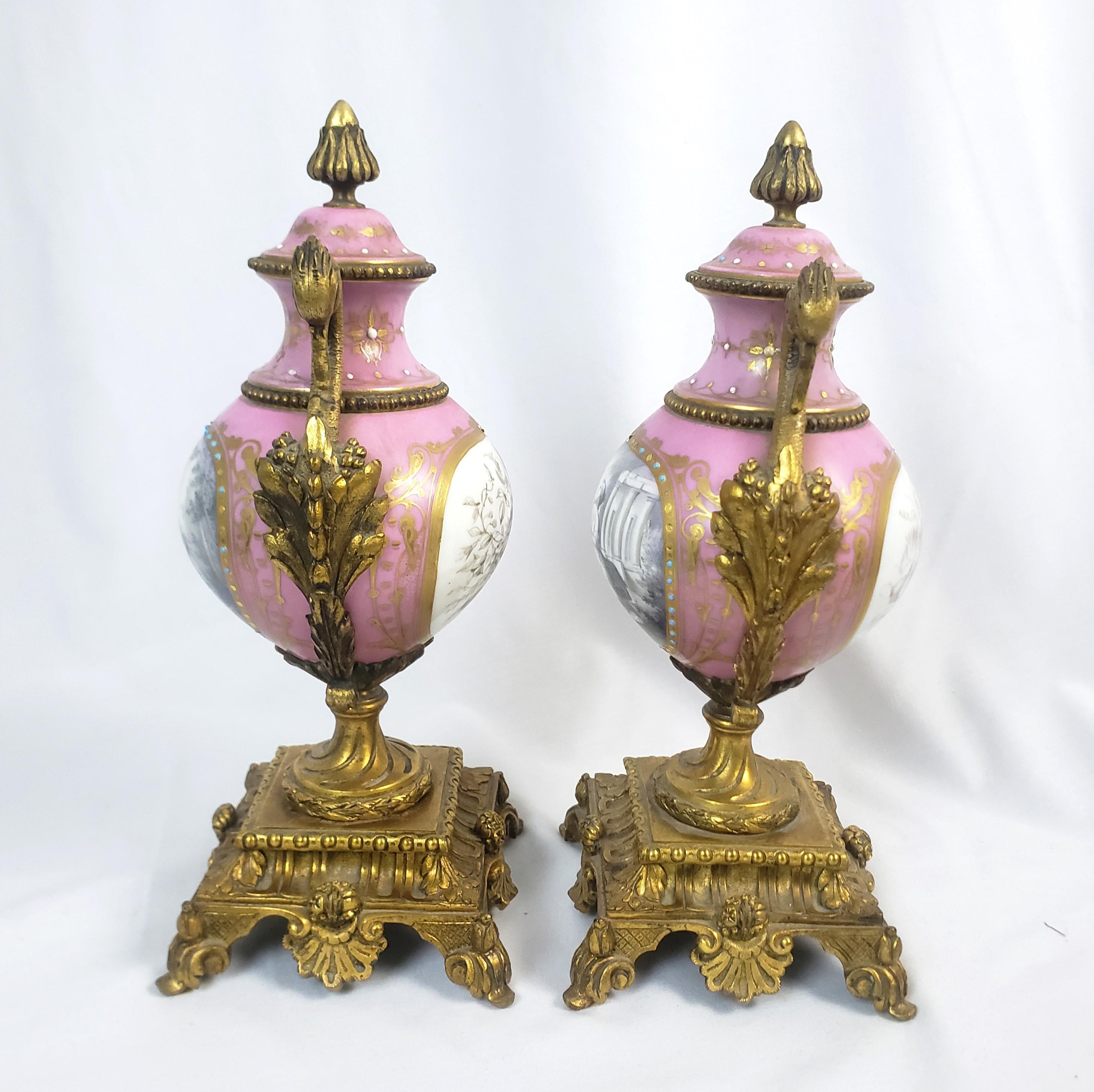 Pair of Antique Sevres Styled Porcelain & Ornate Gilt Bronze Garnitures In Good Condition For Sale In Hamilton, Ontario