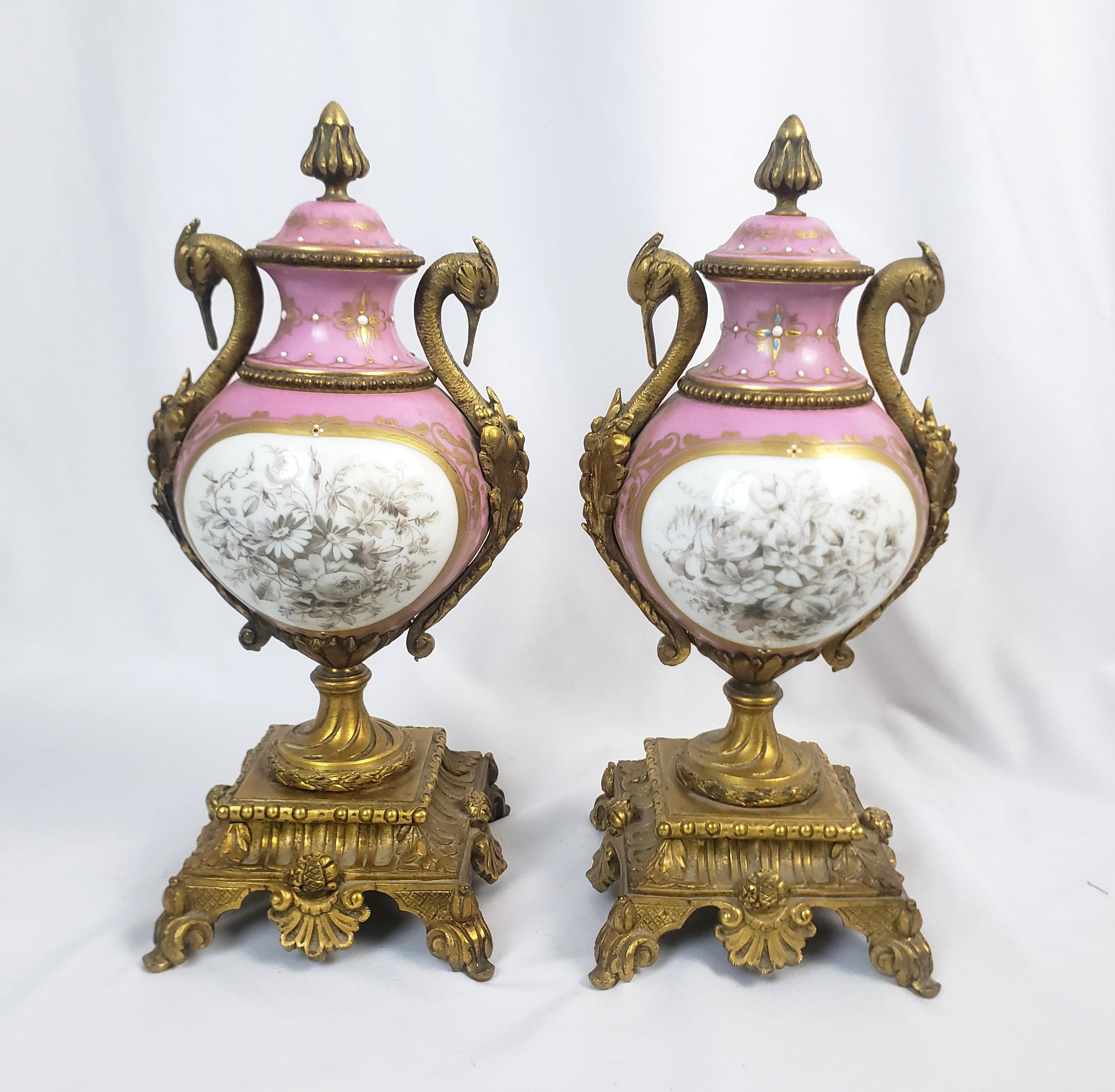 19th Century Pair of Antique Sevres Styled Porcelain & Ornate Gilt Bronze Garnitures For Sale