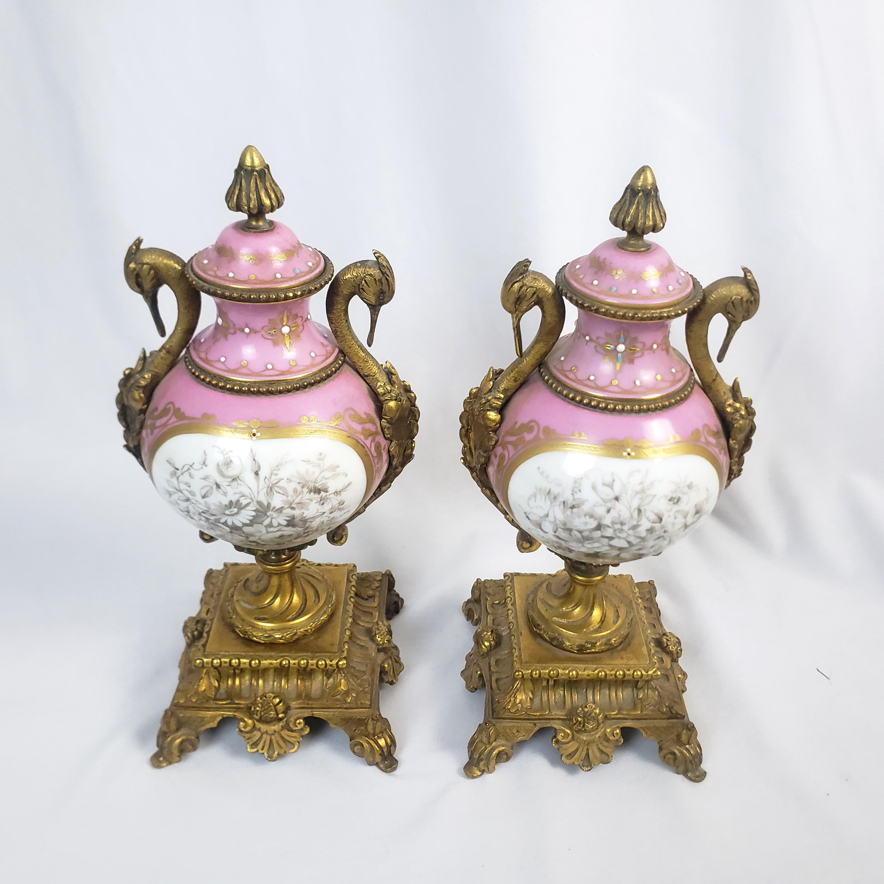 Pair of Antique Sevres Styled Porcelain & Ornate Gilt Bronze Garnitures For Sale 1