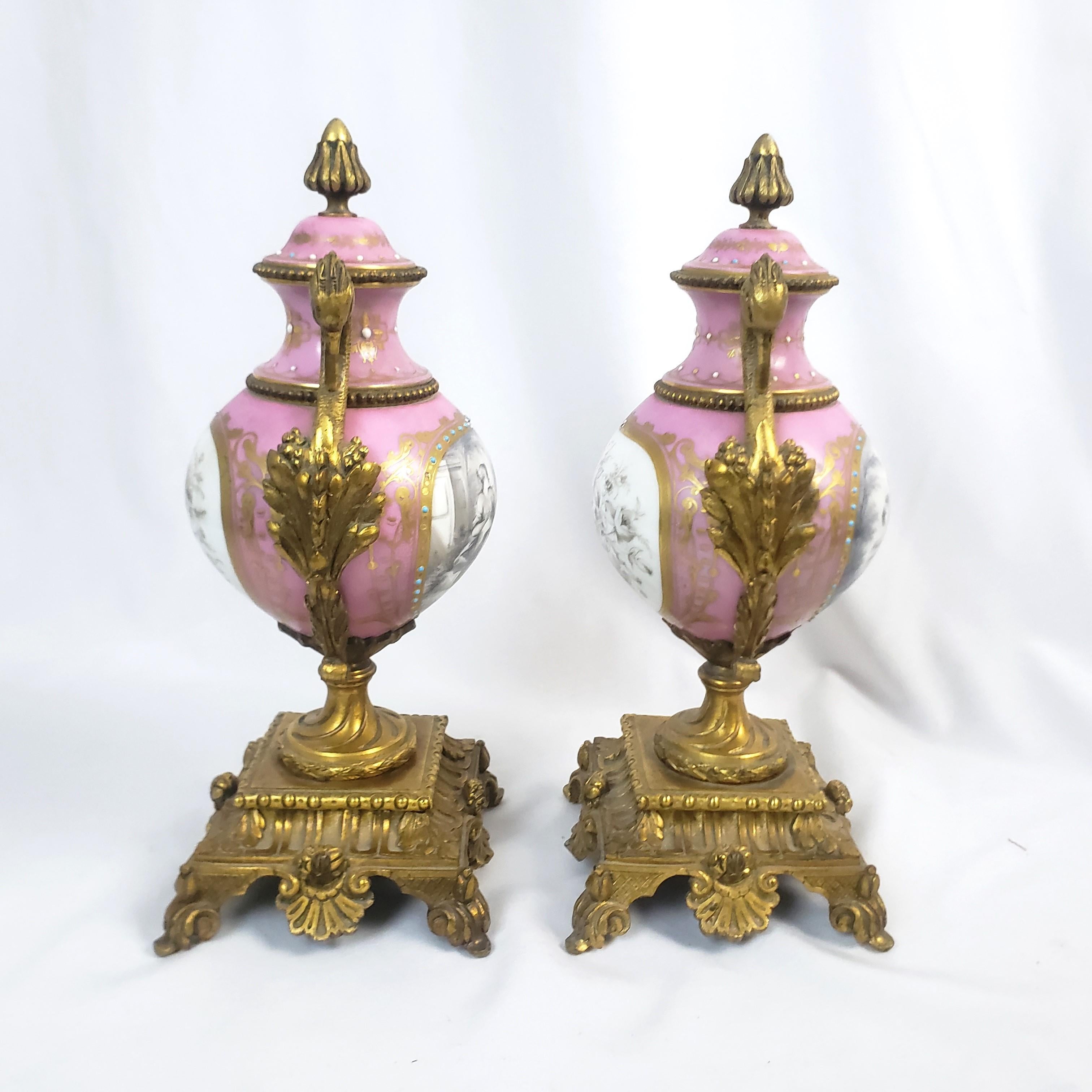 Pair of Antique Sevres Styled Porcelain & Ornate Gilt Bronze Garnitures For Sale 2