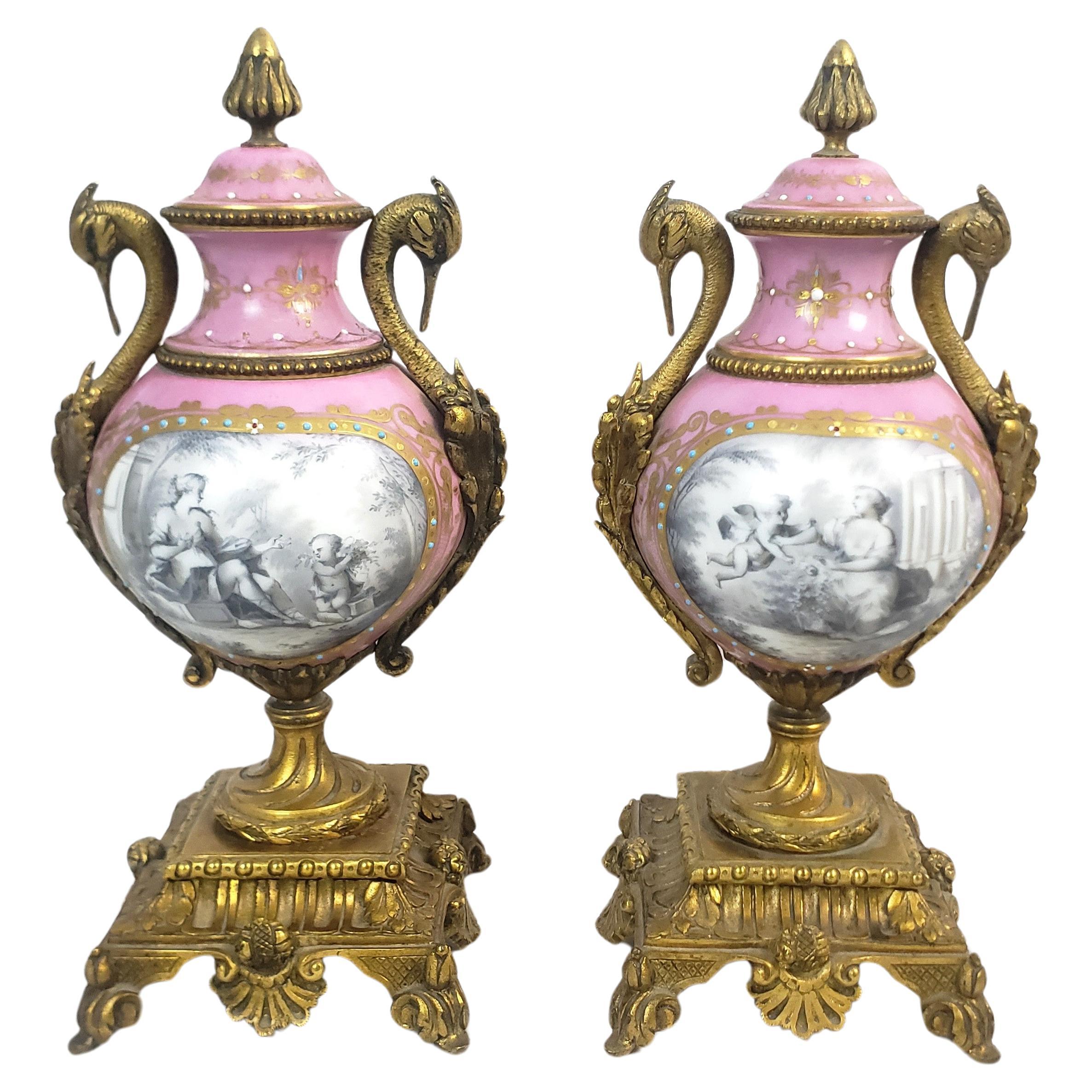 Pair of Antique Sevres Styled Porcelain & Ornate Gilt Bronze Garnitures For Sale