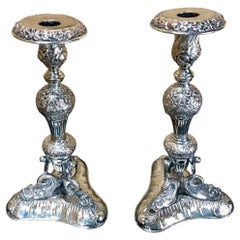 Pair of Antique Sheffield Plate Neoclassical Dolphin Motif Candlesticks