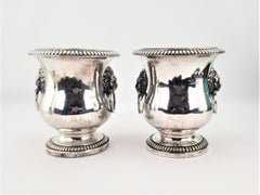 Pair of Antique Sheffield Plated Wine Coolers with Lion Handles & Rope Accents
