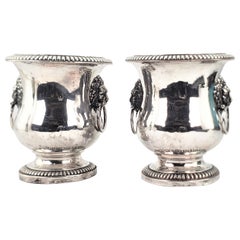 Pair of Antique Sheffield Plated Wine Coolers with Lion Handles & Rope Accents