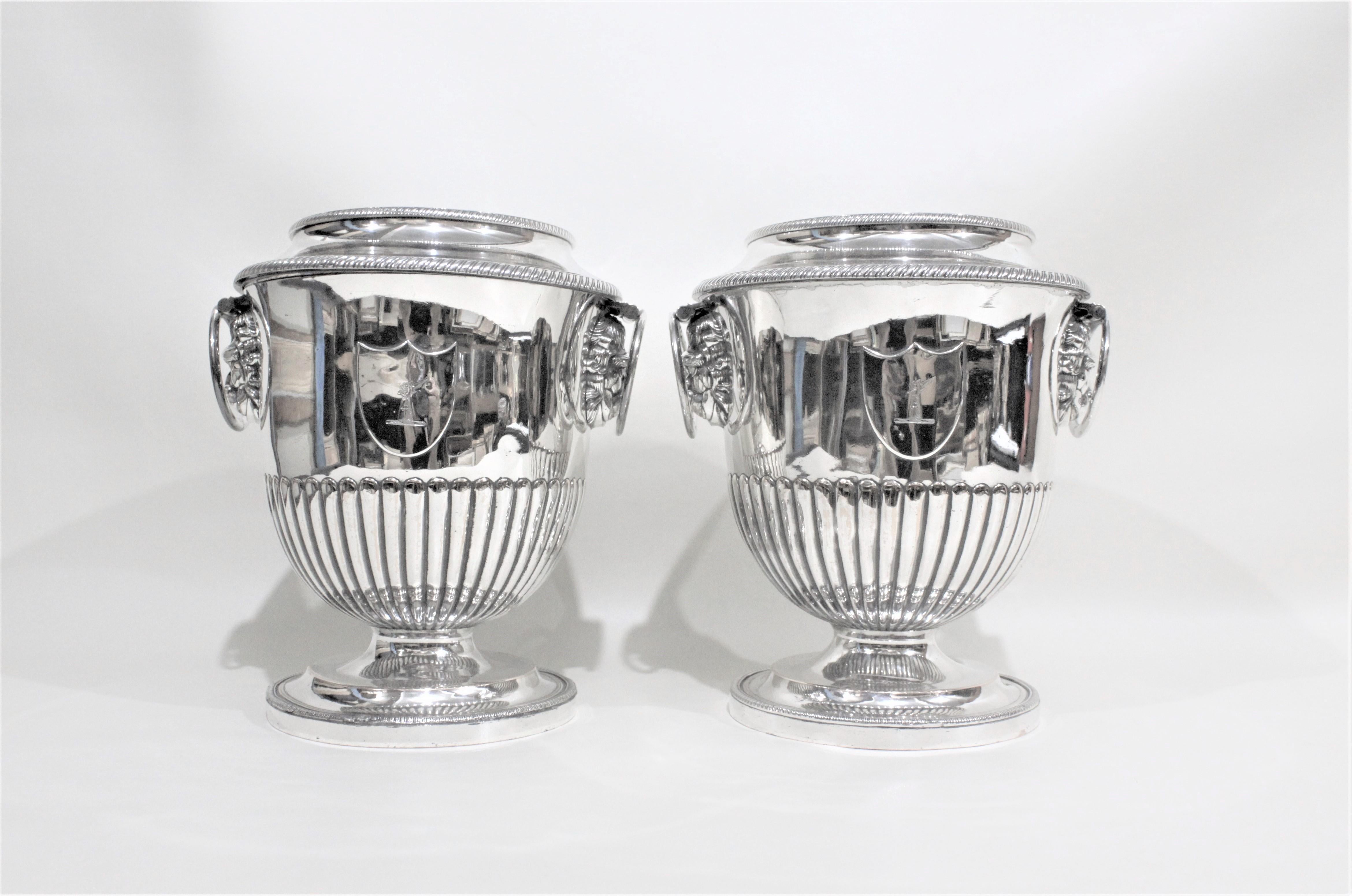 English Pair of Antique Sheffield Regency Style Silver Plated Wine Coolers