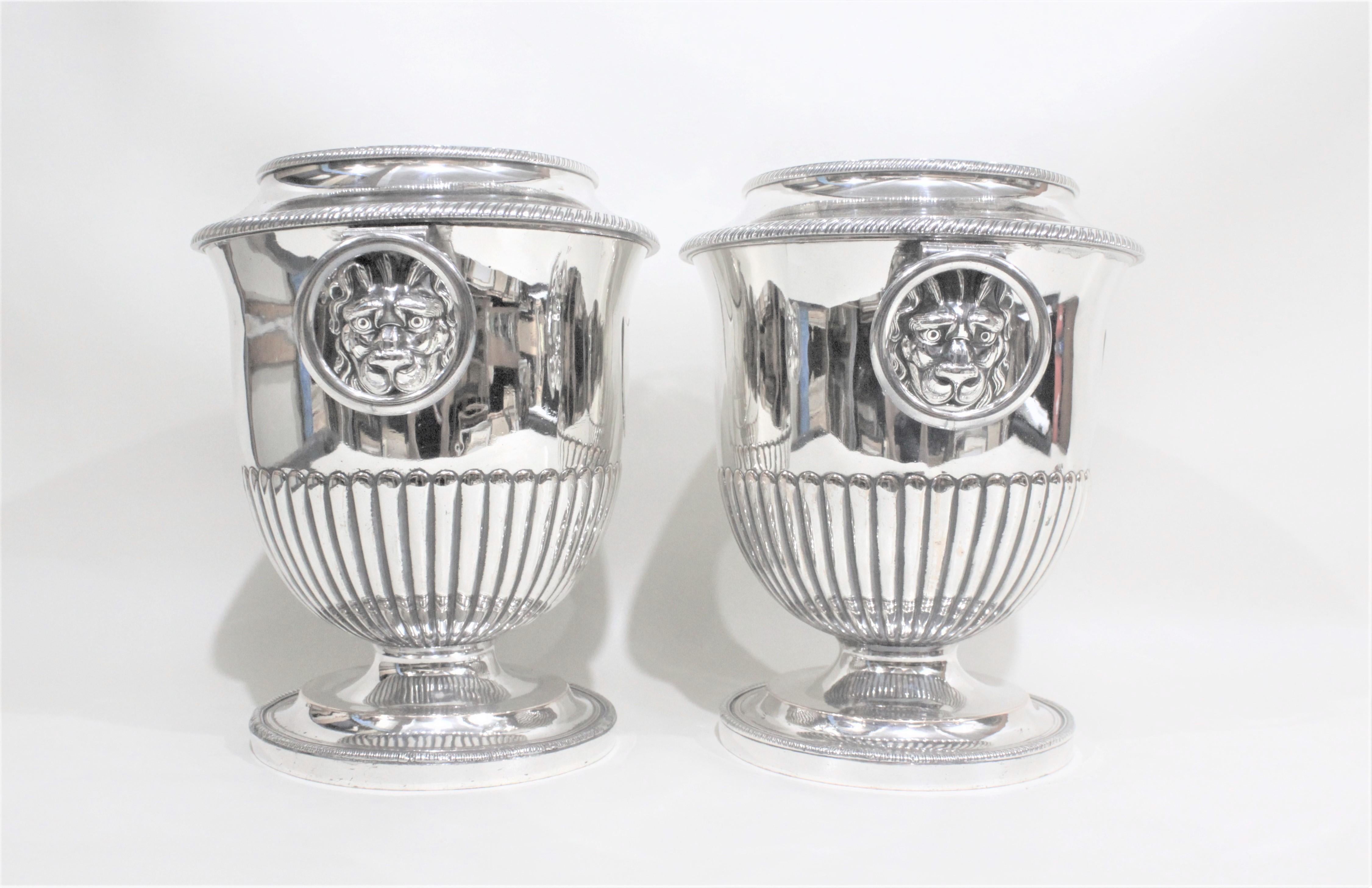 Pair of Antique Sheffield Regency Style Silver Plated Wine Coolers In Good Condition In Hamilton, Ontario