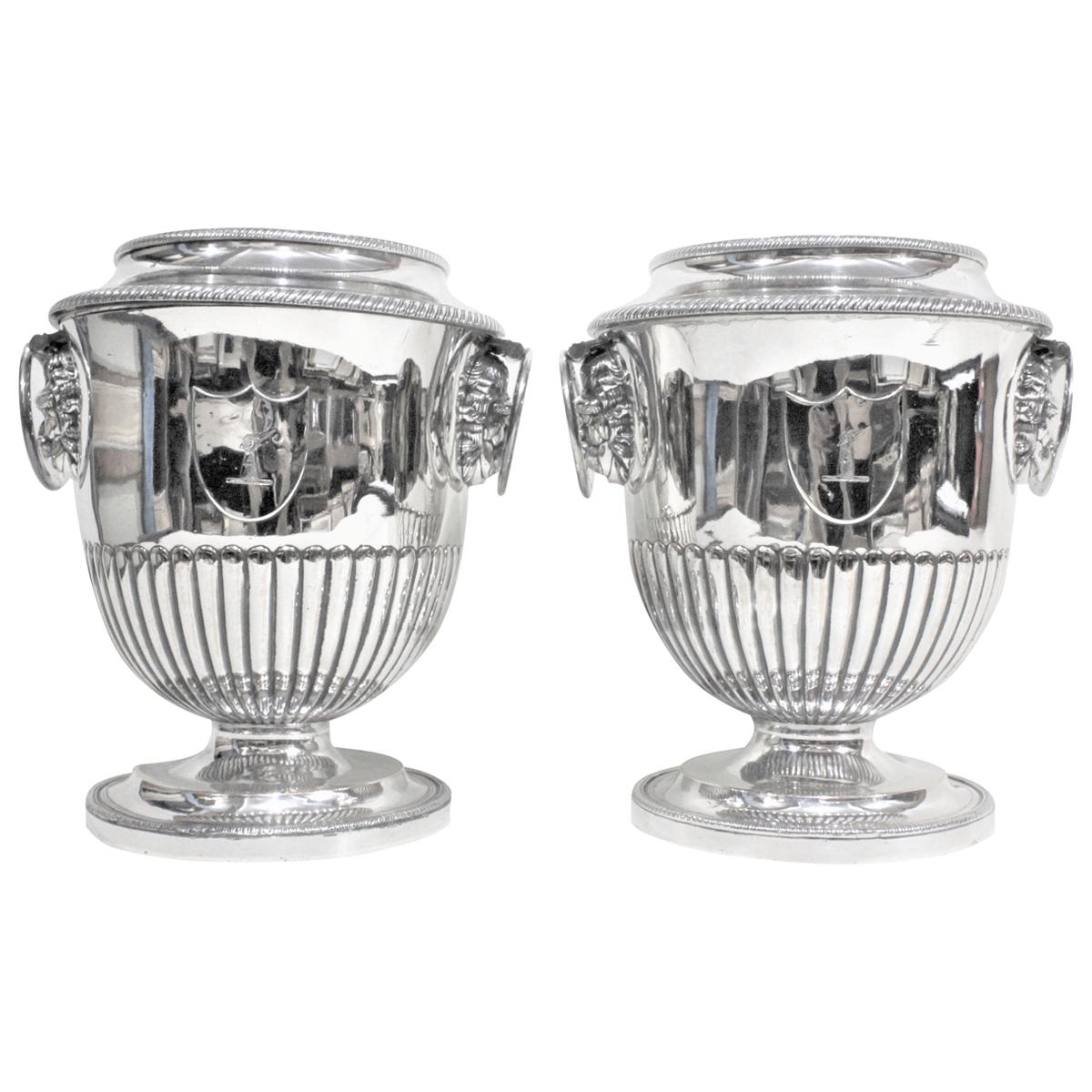 Pair of Antique Sheffield Regency Style Silver Plated Wine Coolers