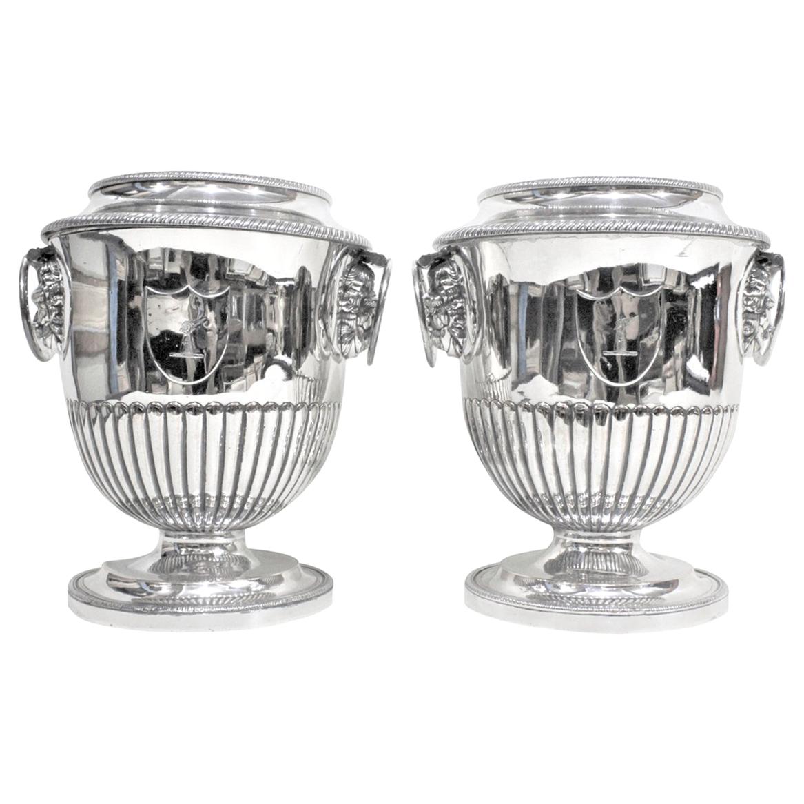 Pair of Antique Sheffield Regency Style Silver Plated Wine Coolers For Sale