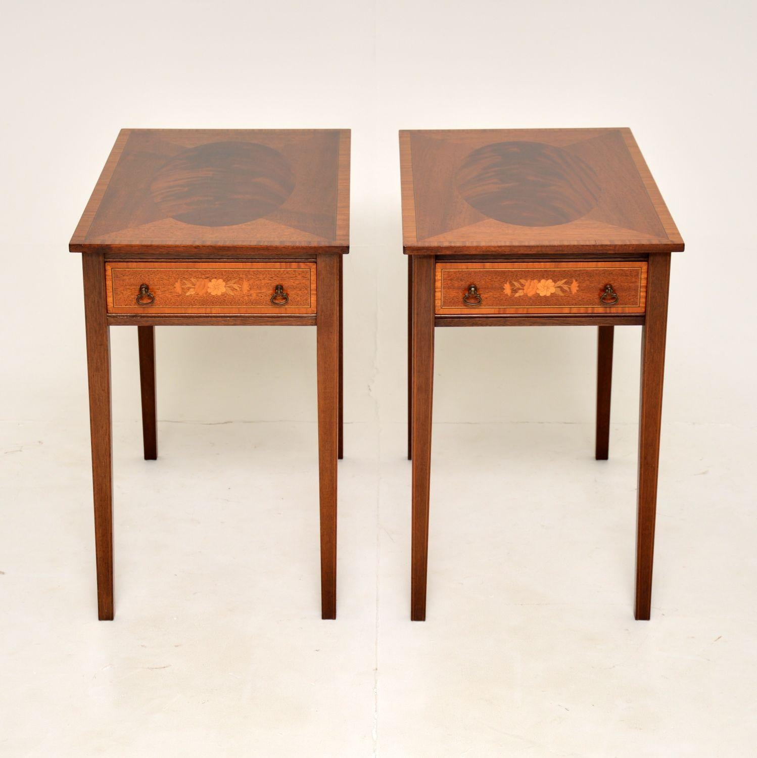 A beautiful pair of antique side tables. These were made in England, they date from around the 1950’s.

They are a very useful size, narrow and deep, perfect for use as end tables either side of a sofa. They are of super quality, constructed from