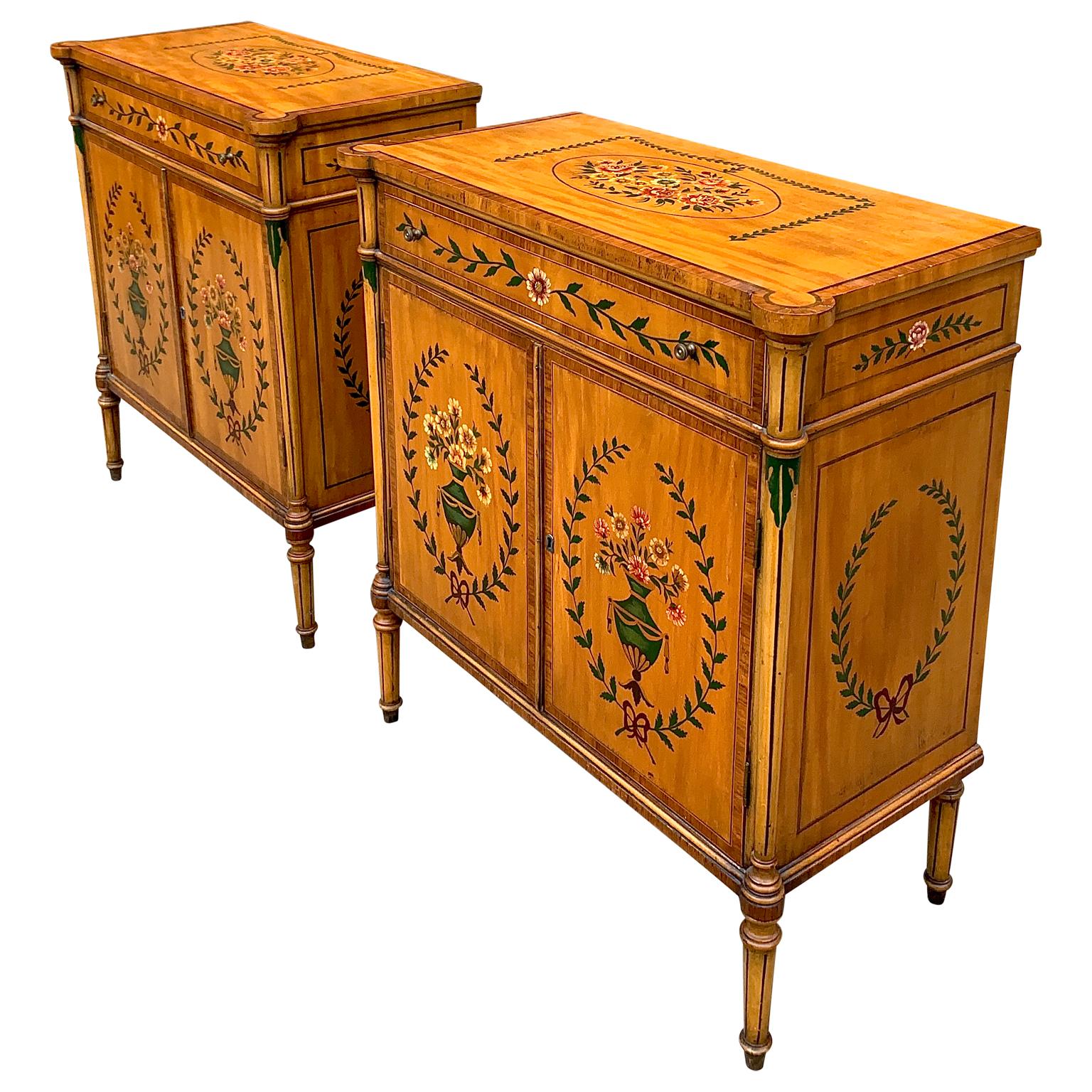 American Pair of Antique Sheraton Style Hand Painted Inlaid Cabinets Nightstands