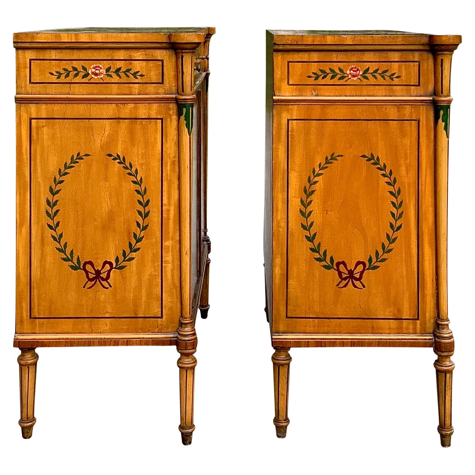 19th Century Pair of Antique Sheraton Style Hand Painted Inlaid Cabinets Nightstands
