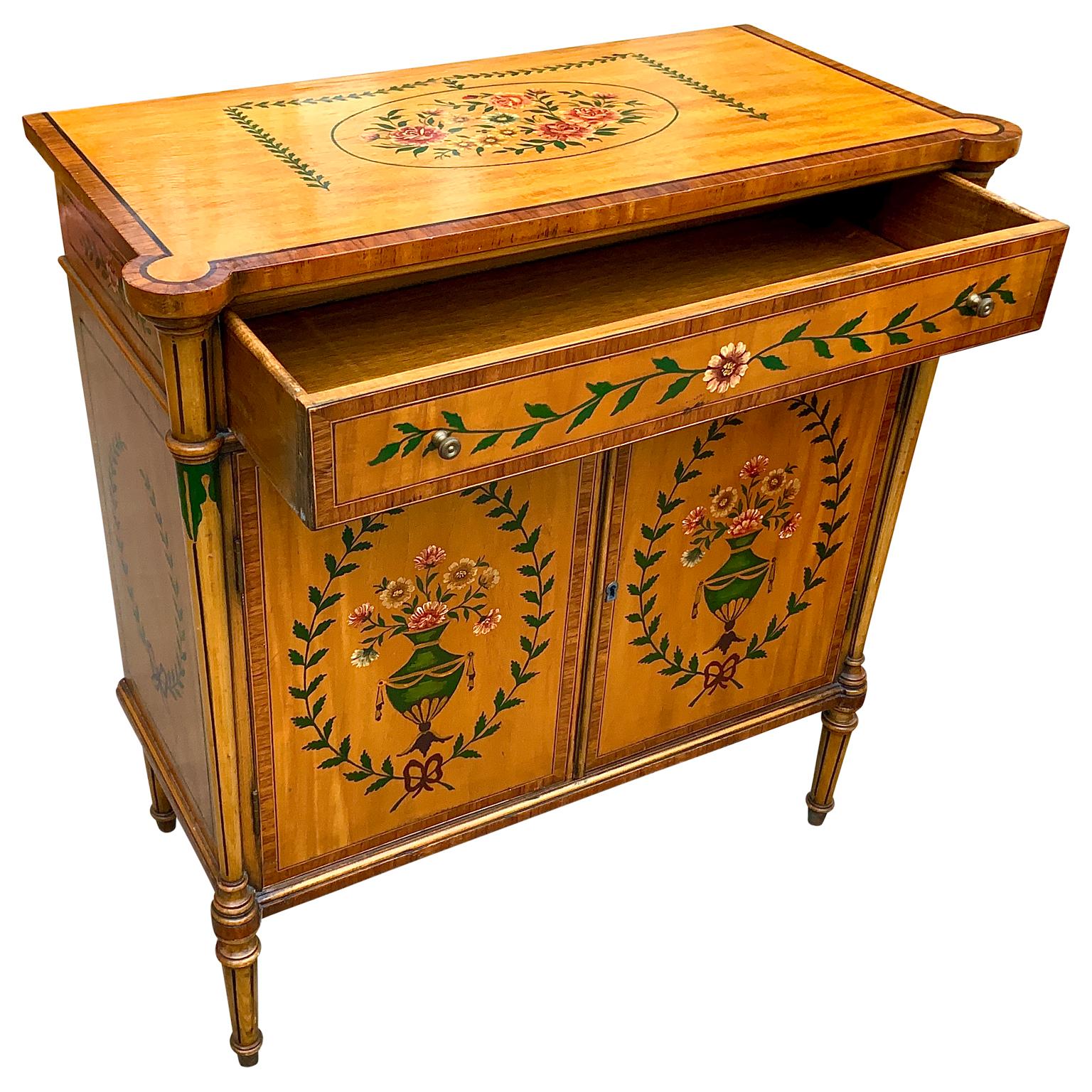 Wood Pair of Antique Sheraton Style Hand Painted Inlaid Cabinets Nightstands