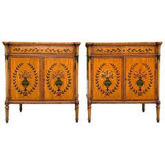 Pair of Antique Sheraton Style Hand Painted Inlaid Cabinets Nightstands