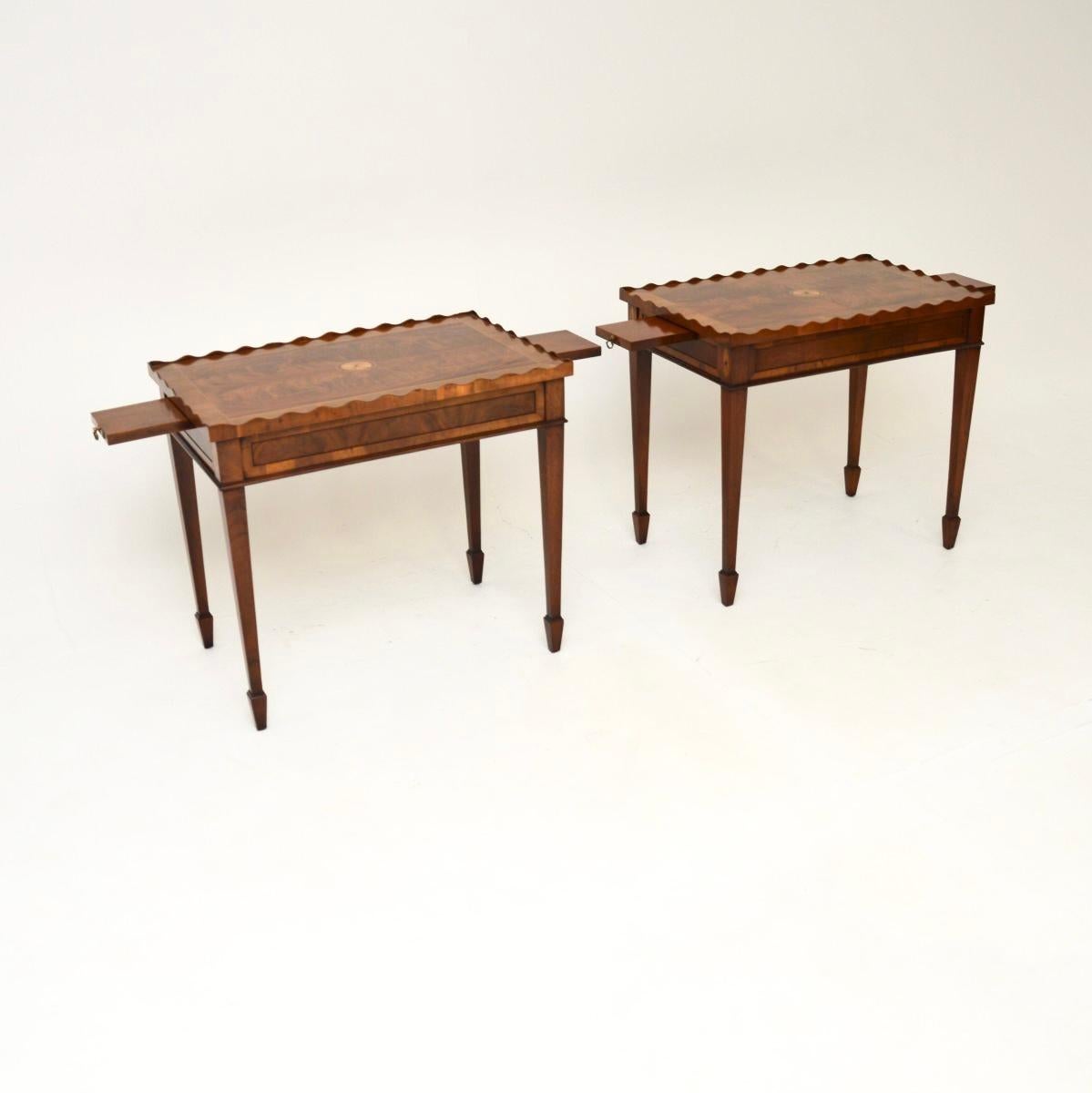 An impressive and extremely well made pair of antique side tables. They were made in England, they date from around the 1930’s.

The quality is outstanding, they are of very useful proportions and have a beautiful design. The tops have raised pie