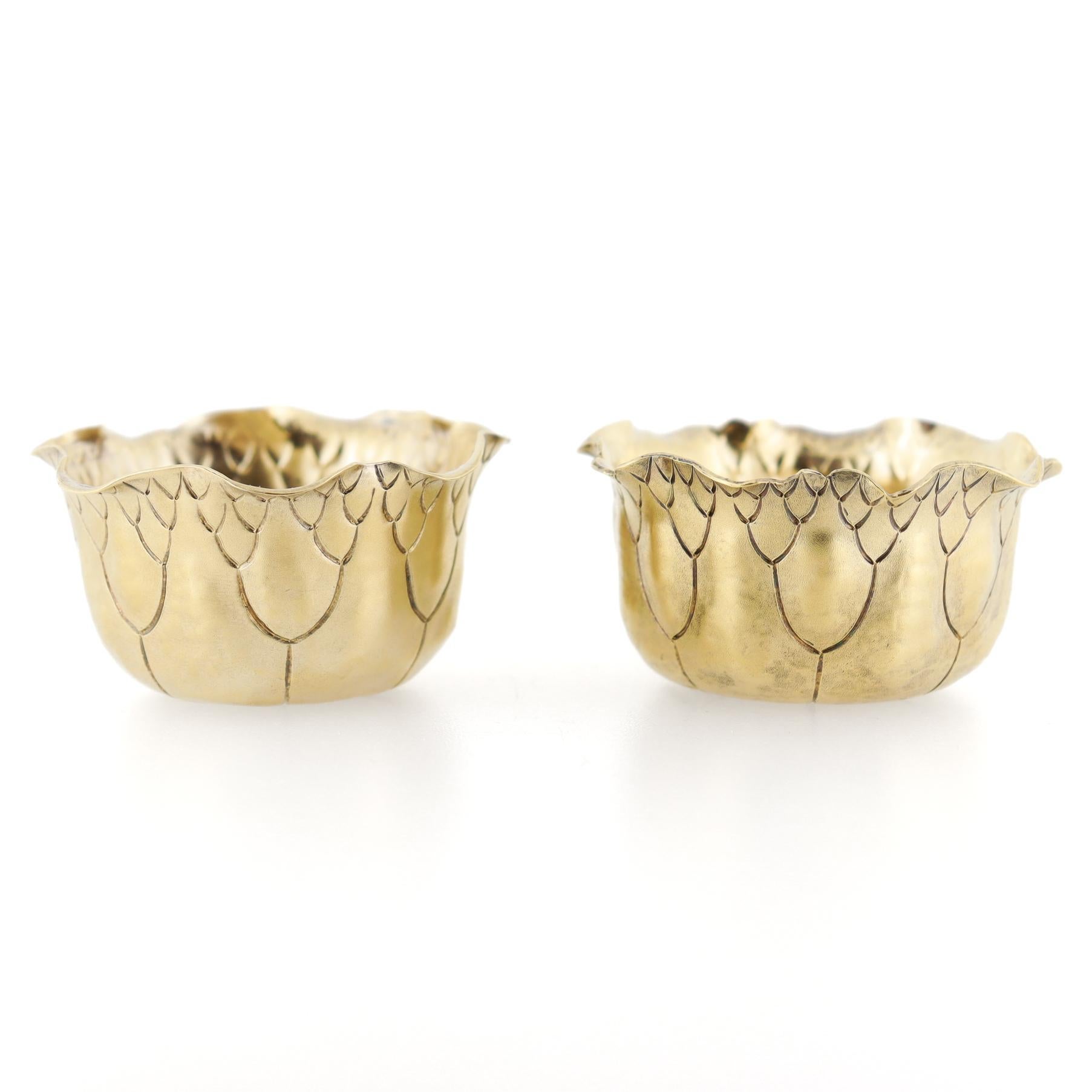 Women's or Men's Pair of Antique Shiebler Gilt Sterling Silver Lily Pad Salt Cellars or Bowls For Sale
