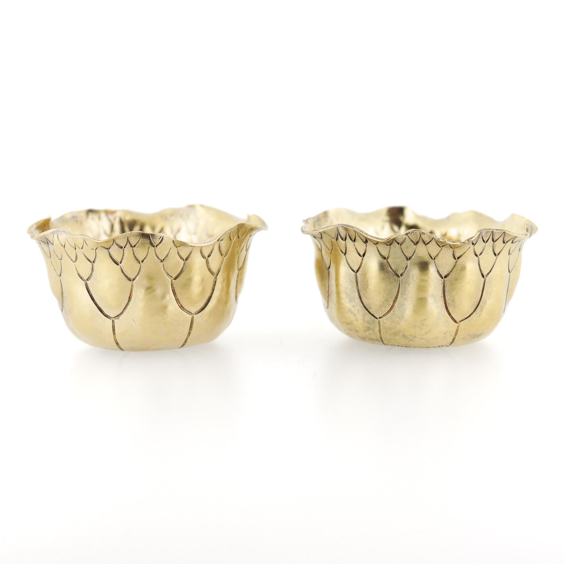 Pair of Antique Shiebler Gilt Sterling Silver Lily Pad Salt Cellars or Bowls For Sale 1
