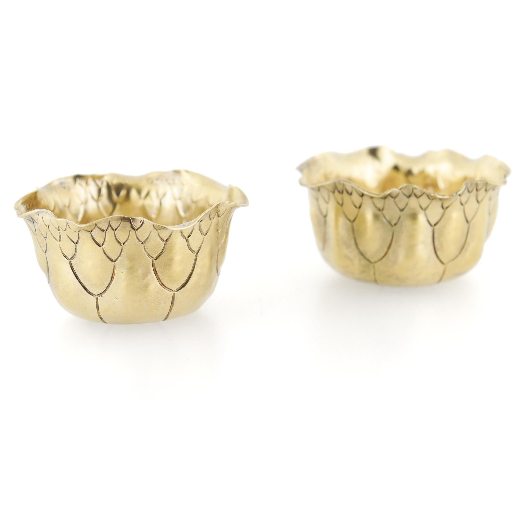 Pair of Antique Shiebler Gilt Sterling Silver Lily Pad Salt Cellars or Bowls For Sale 2