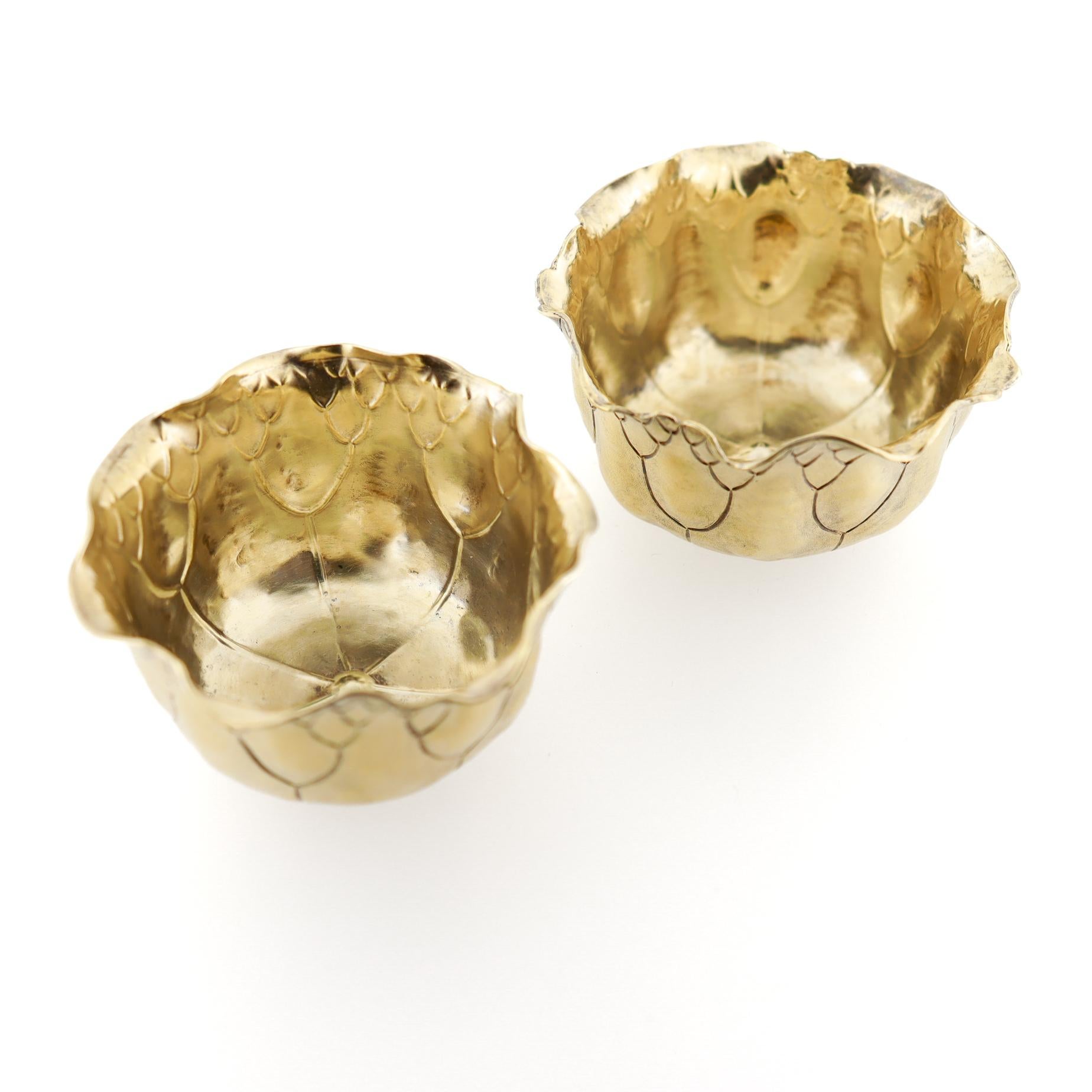 Pair of Antique Shiebler Gilt Sterling Silver Lily Pad Salt Cellars or Bowls For Sale 4