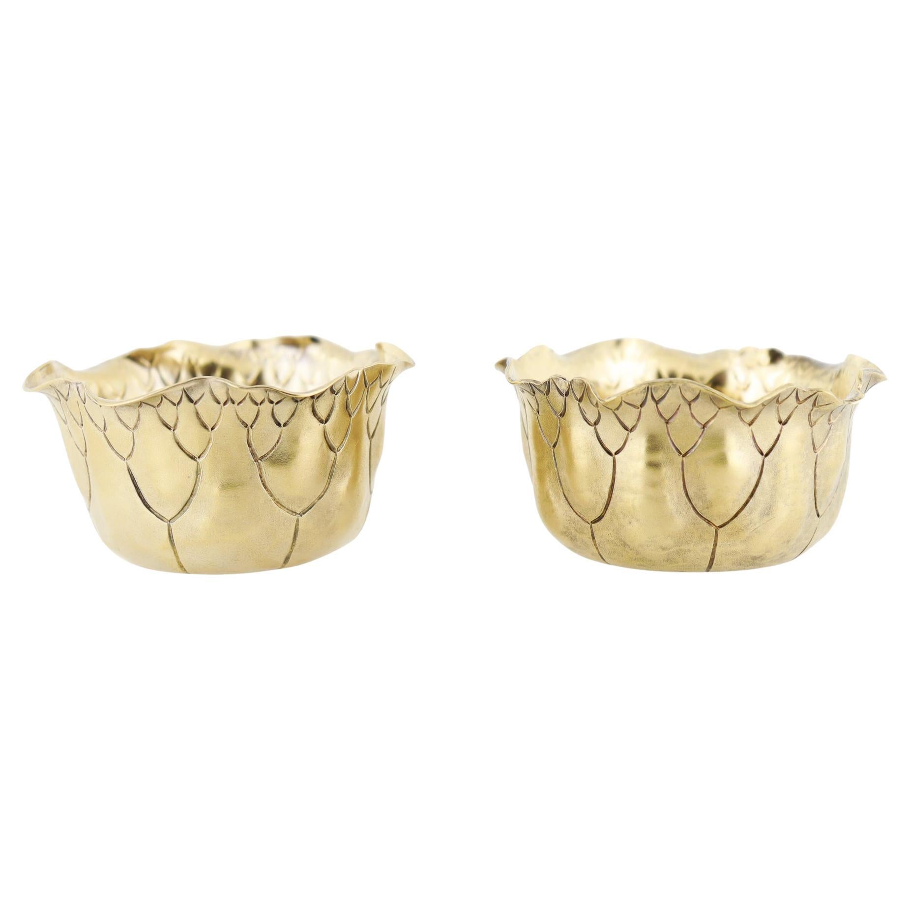 Pair of Antique Shiebler Gilt Sterling Silver Lily Pad Salt Cellars or Bowls For Sale