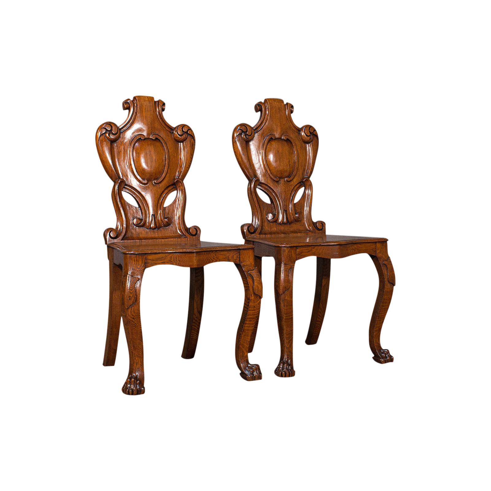 Pair of Antique Shield Back Chairs, Scottish, Oak Hall Seat Victorian circa 1880