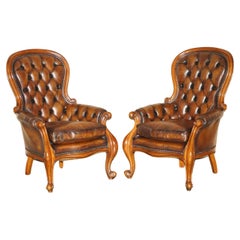 PAIR OF Used SHOW FRAMED VICTORIAN CHESTERFIELD BROWN LEATHER ARMCHAIRs