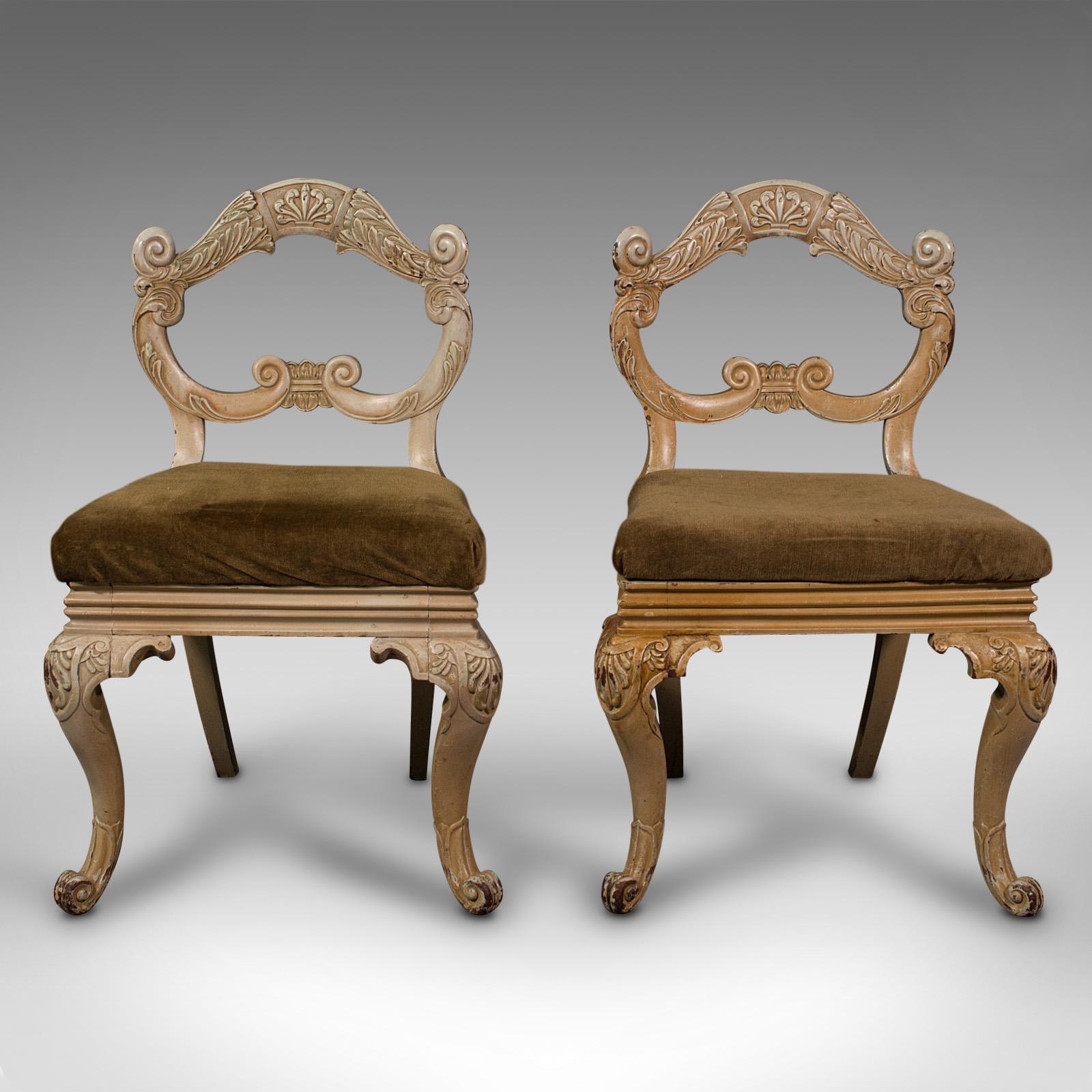 This is a pair of antique side chairs. A superb quality French, painted solid walnut hall or occasional seat, dating to the mid Victorian period, circa 1850.

Appealing, solid antique chairs with fascinating details
Displaying a desirable aged