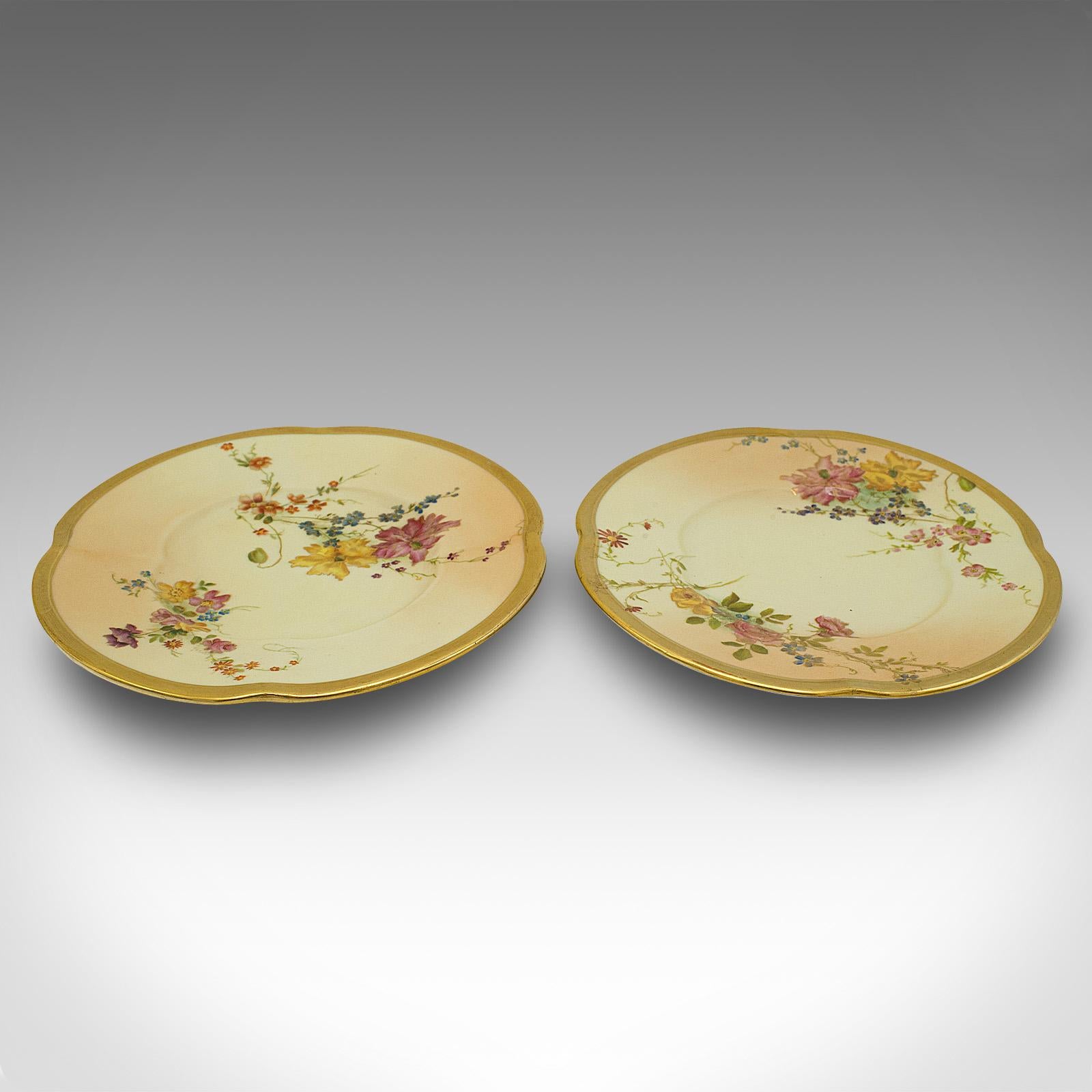 This is a pair of antique side plates. An English, ceramic decorative cake plate or saucer, dating to the late Victorian period, circa 1900.

Charming Victorian ceramics with pleasingly decorated finish
Displays a desirable aged patina and in