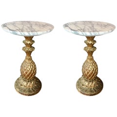 Pair of Antique Side Tables on Carved and Gilded Wooden Foot with Marble Top