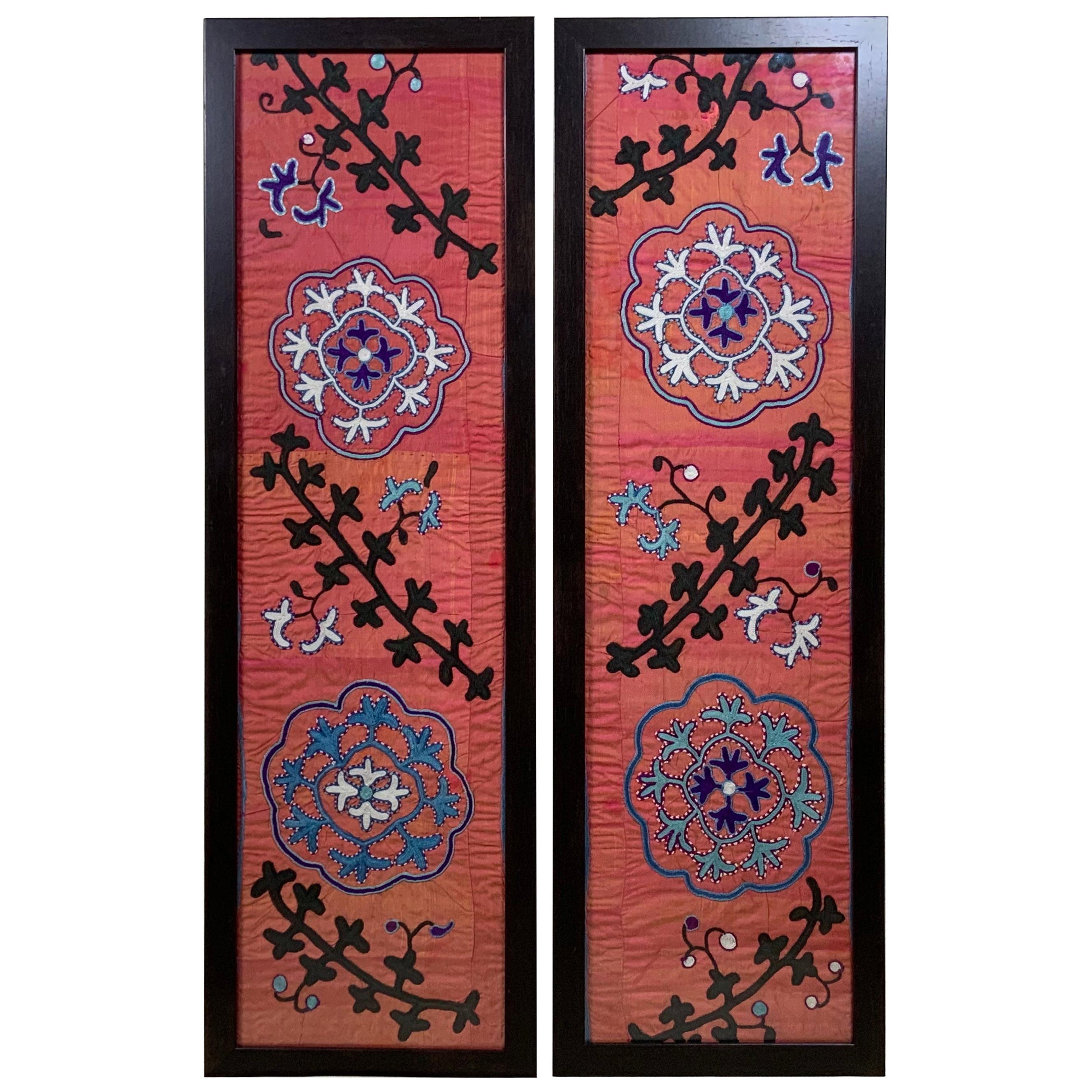 Pair of Antique Silk Suzani Wall Hanging For Sale