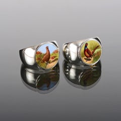 Pair of Antique Silver and Enamel Game Bird Napkin Rings