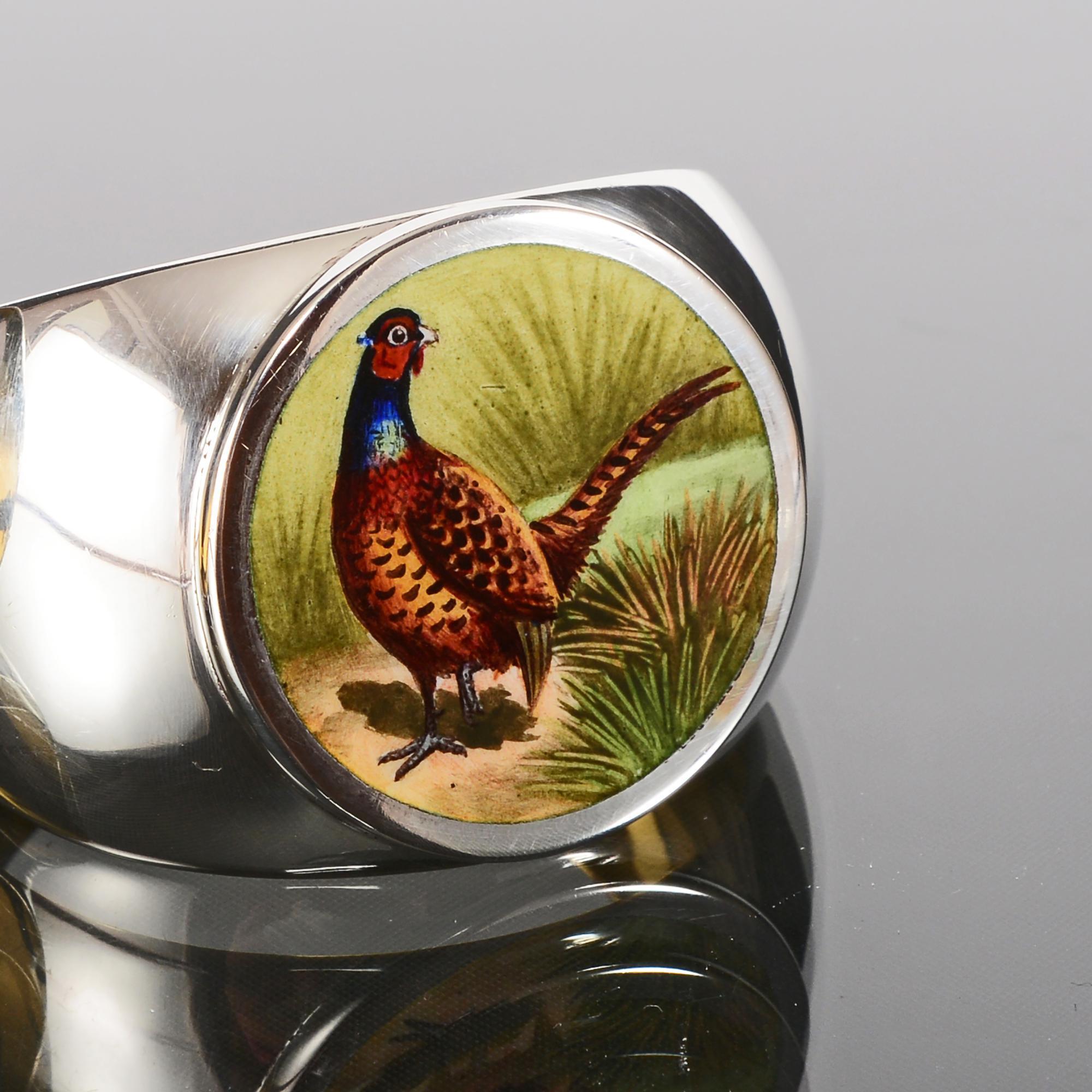 Early 20th Century Pair of Antique Silver and Enamel Game Bird Napkin Rings