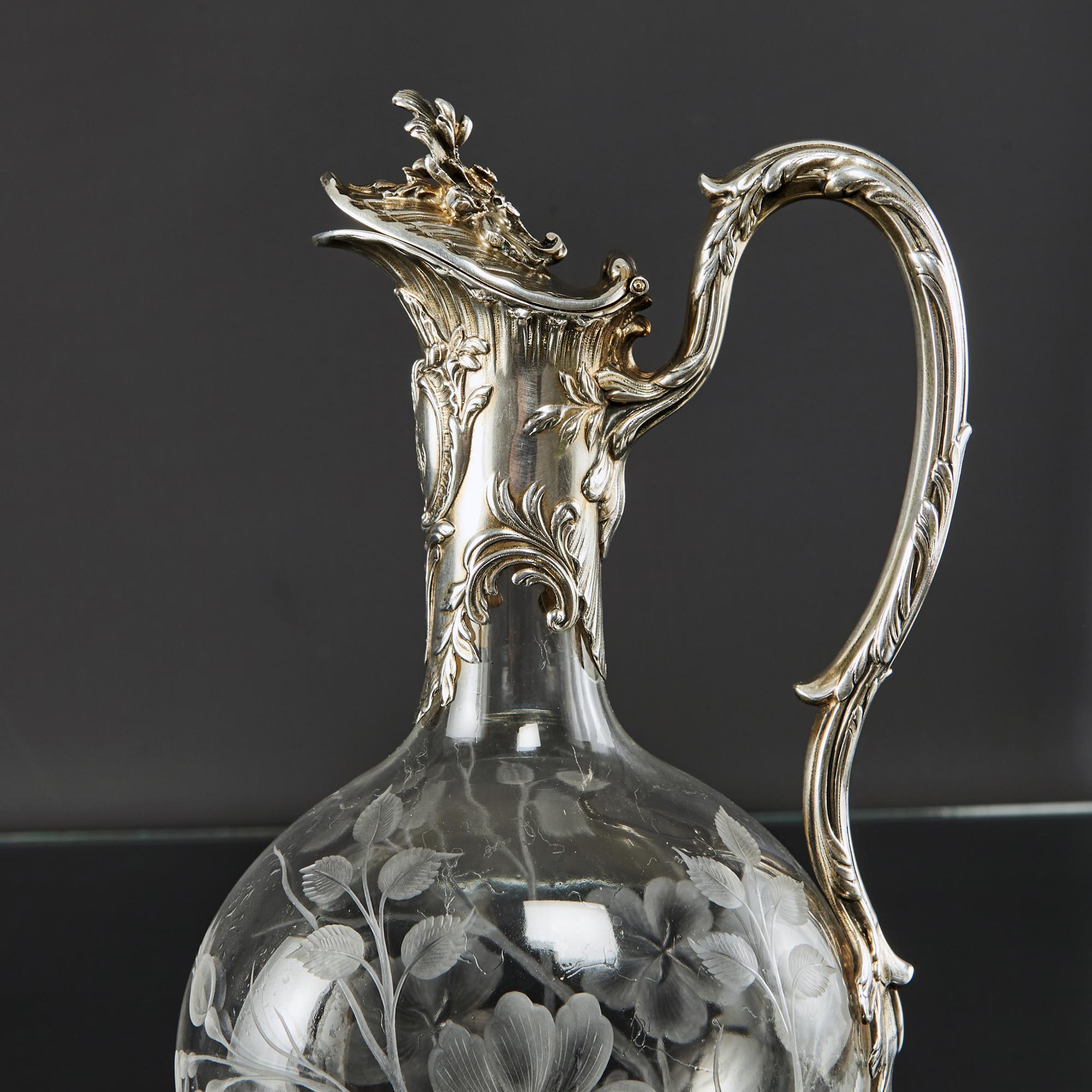 French Pair of Antique Silver and Glass Claret Jugs