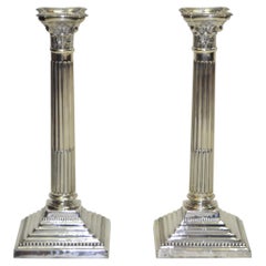 Pair of Antique Silver Corinthian Colum Candlesticks