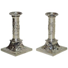 Pair of Antique Silver Corinthian Colum Candlesticks