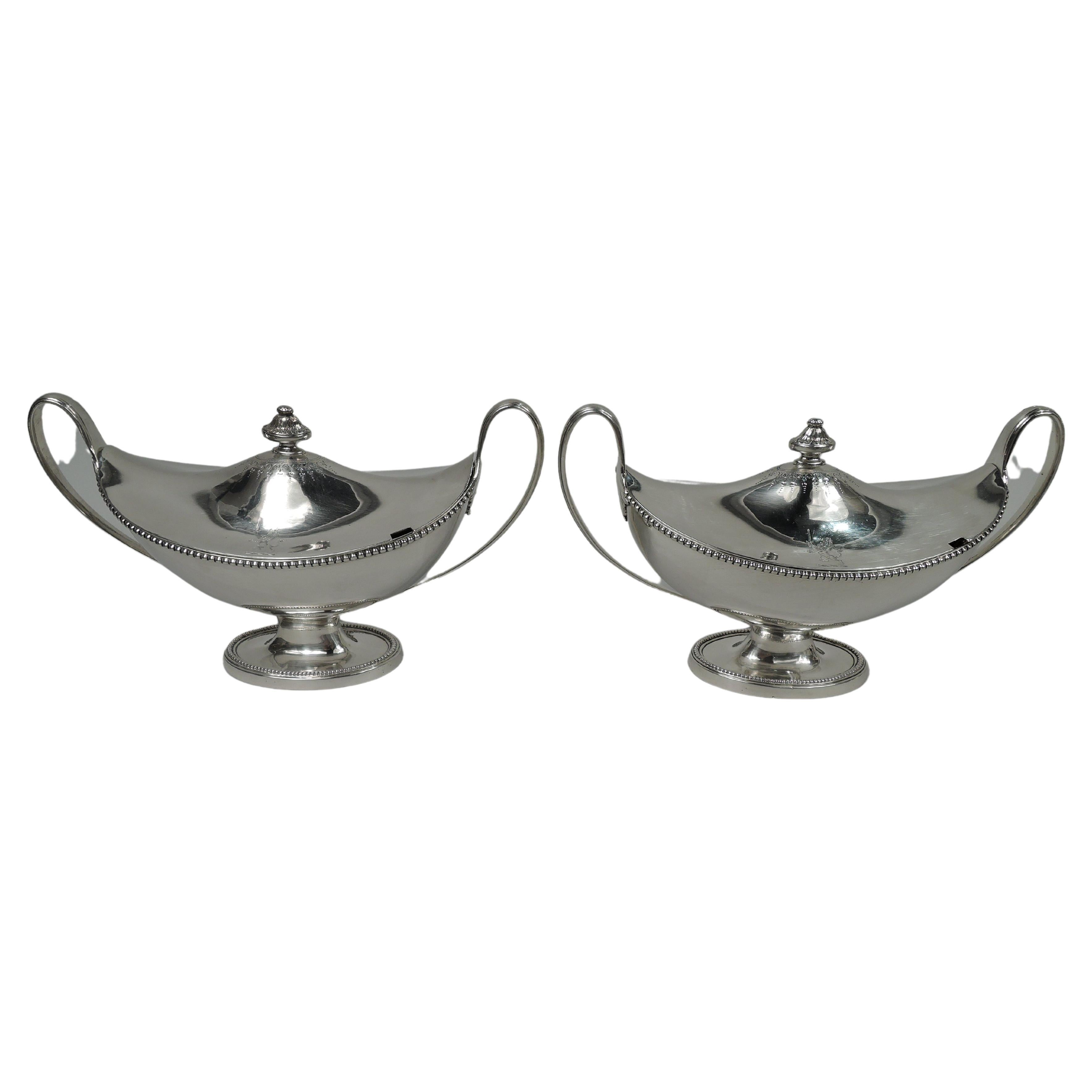 Pair of Antique Silver English Georgian Neoclassical Tureens, 1785 For Sale