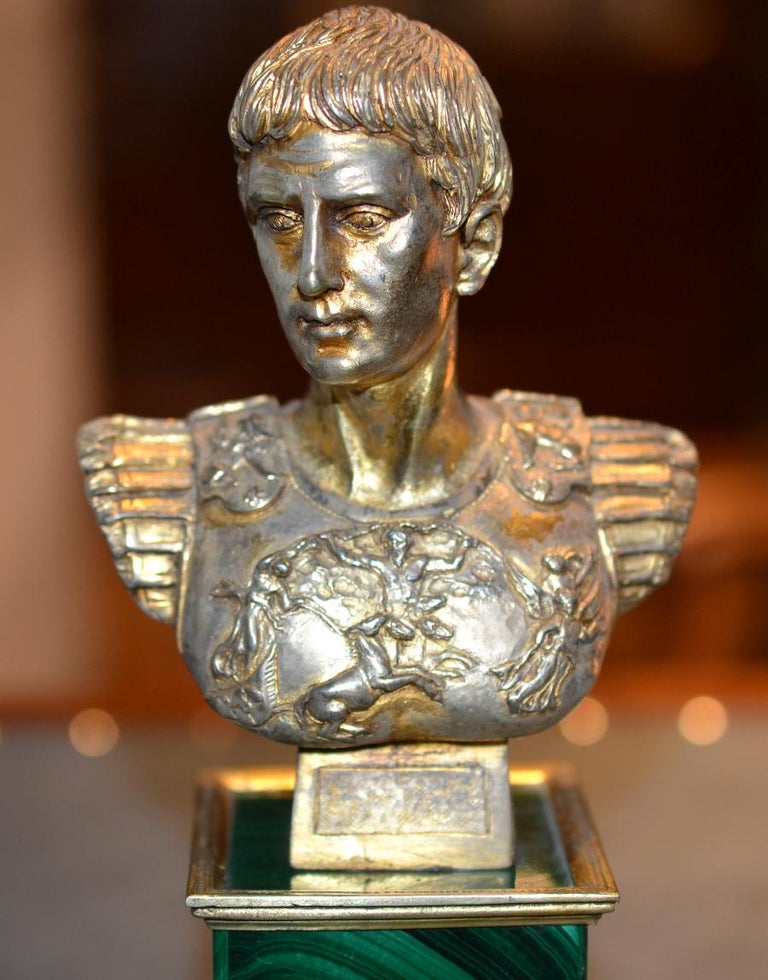 Pair of Antique Silver Gilt Malachite Roman Emperors Busts For Sale at