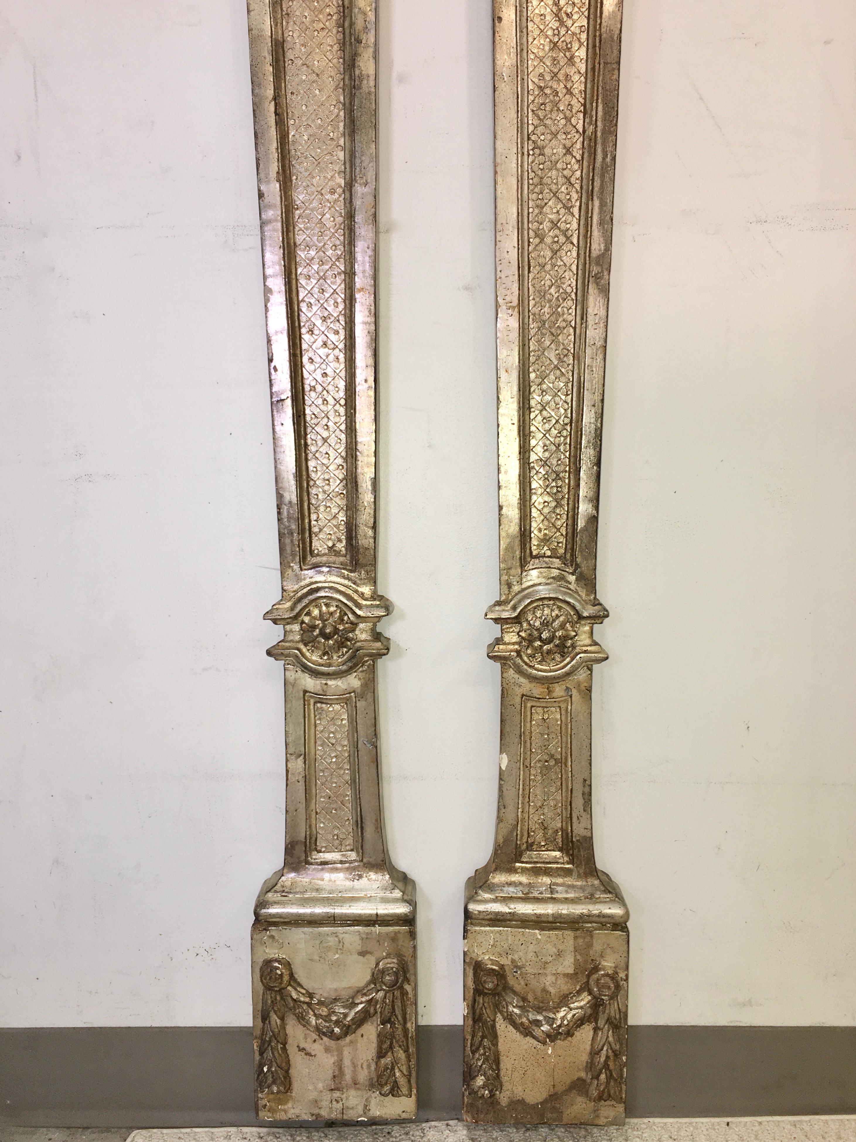 Hand-Carved Pair of Antique Silver Giltwood Regency Style Pilasters For Sale