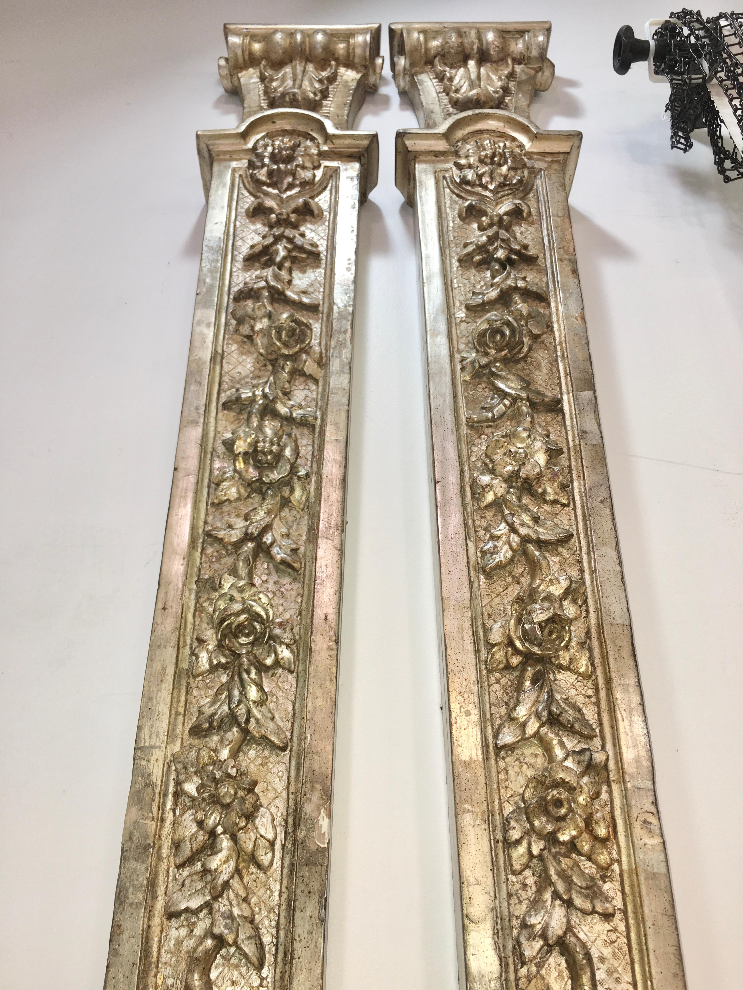 Pair of Antique Silver Giltwood Regency Style Pilasters In Good Condition For Sale In Hanover, MA