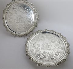 Pair of Antique Silver Hand Chased Waiters, Hand Engraved Armorial, Guthrie Clan