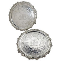 Pair of Antique Silver Hand Chased Waiters, Hand Engraved Armorial, Guthrie Clan