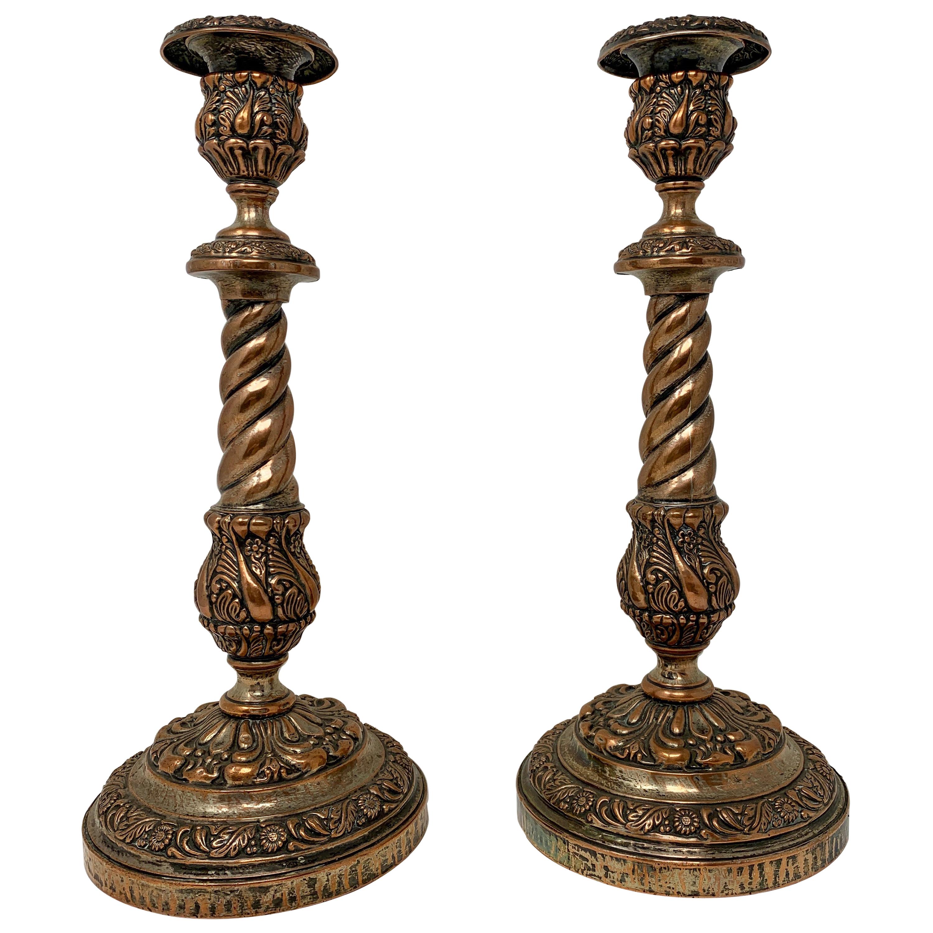 Pair of Antique Silver on Copper Candlesticks For Sale