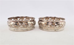 Pair of Antique Silver Plated Bottle Coasters with Floral Engraved Pierced Sides