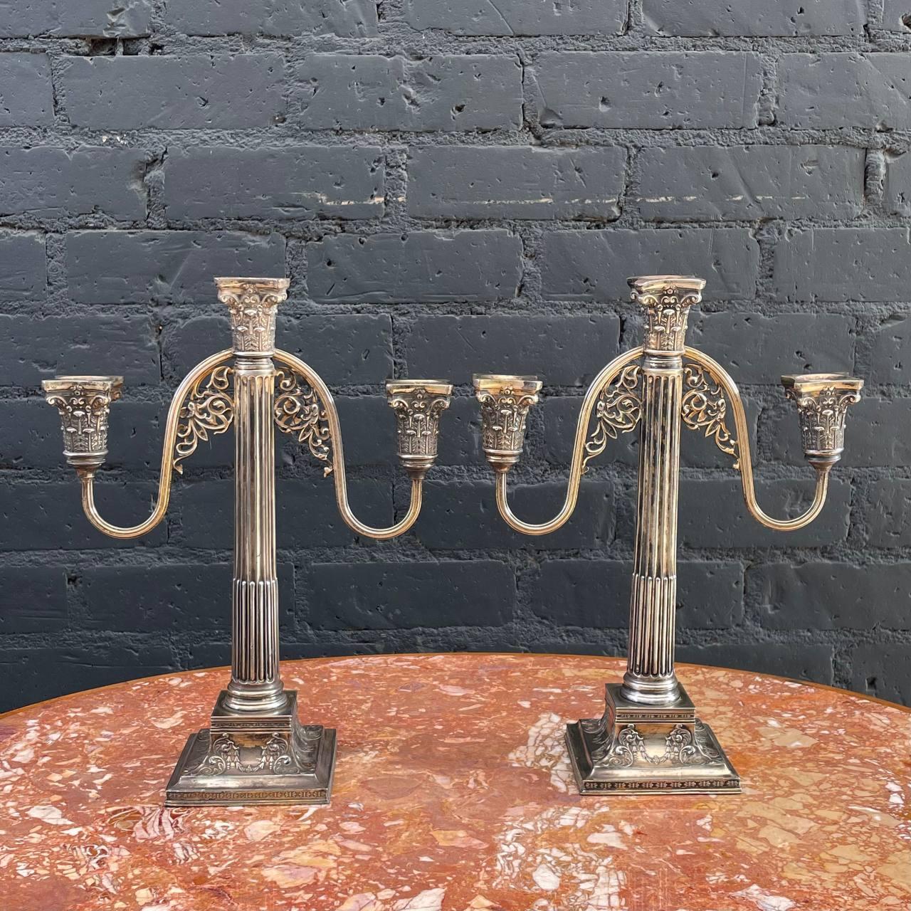Pair of Antique Silver Plated Candle Holders

Country: Italy
Materials: Silver Plated
Condition: Original Condition
Style: Antique
Year: 1940s

$895 pair 

Dimensions 
14.50”H x 11.50”W x 4.50”D.