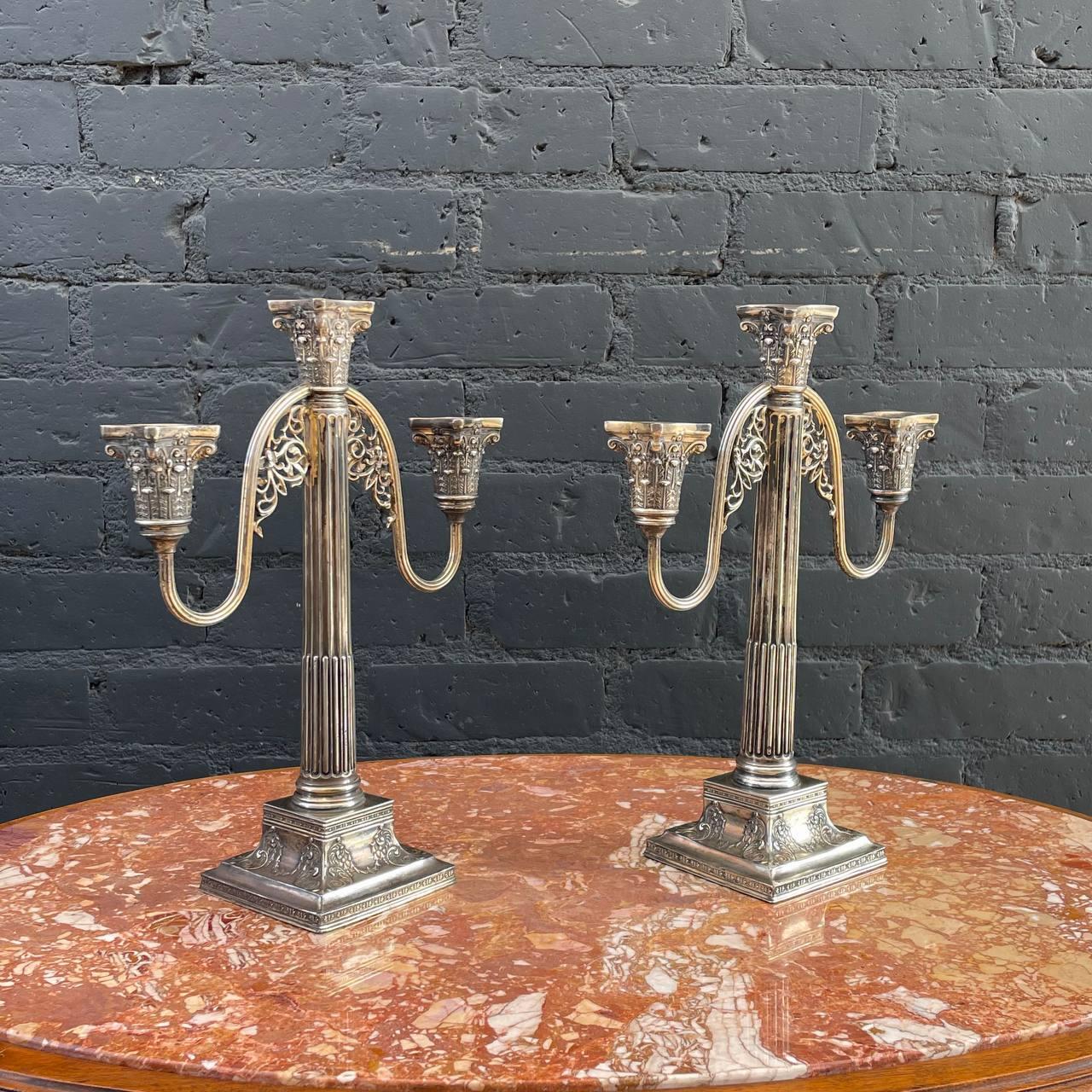 Italian Pair of Antique Silver Plated Candle Holders For Sale